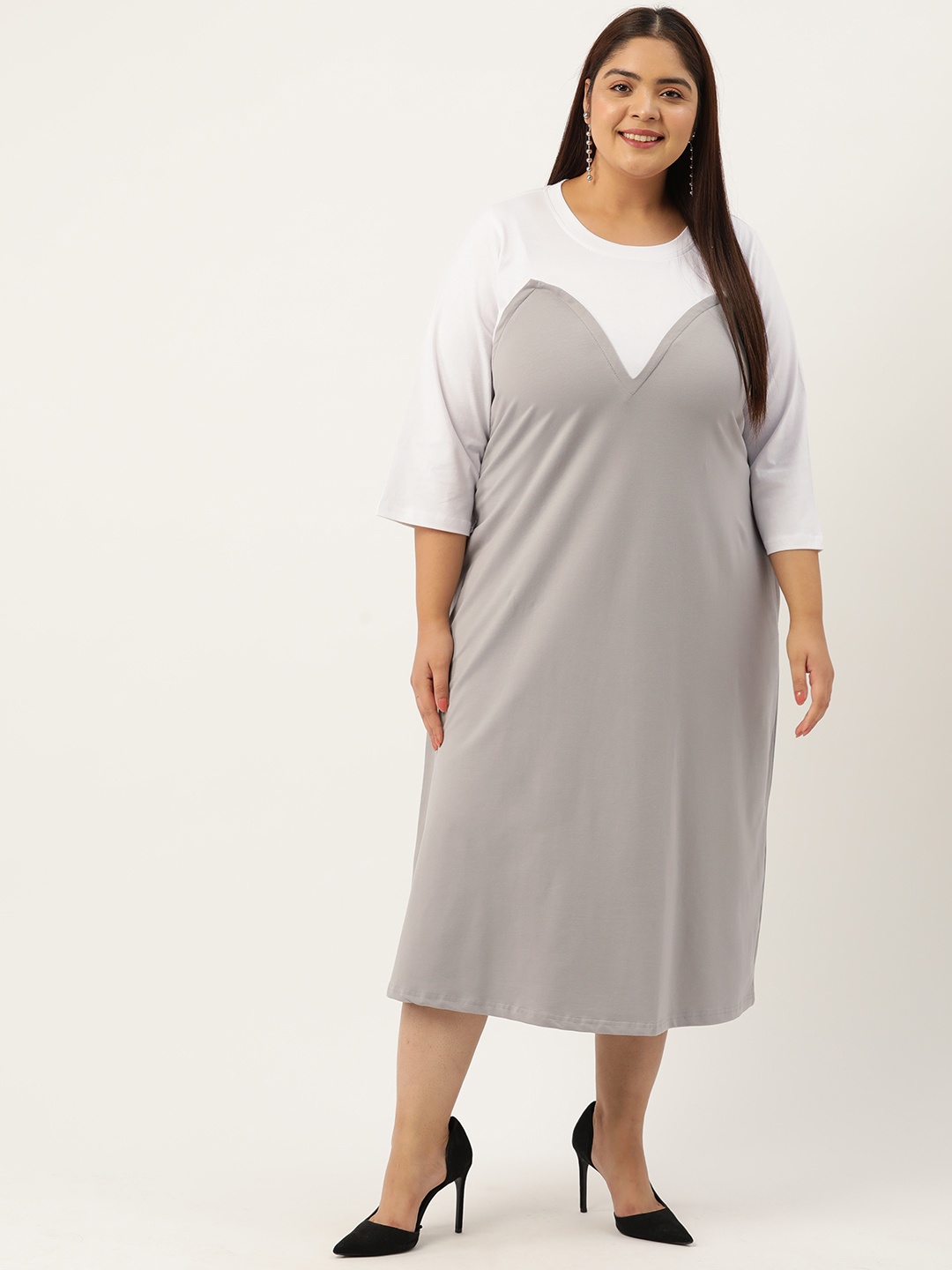 

theRebelinme Plus Size Colourblocked A-Line Midi Dress, Grey