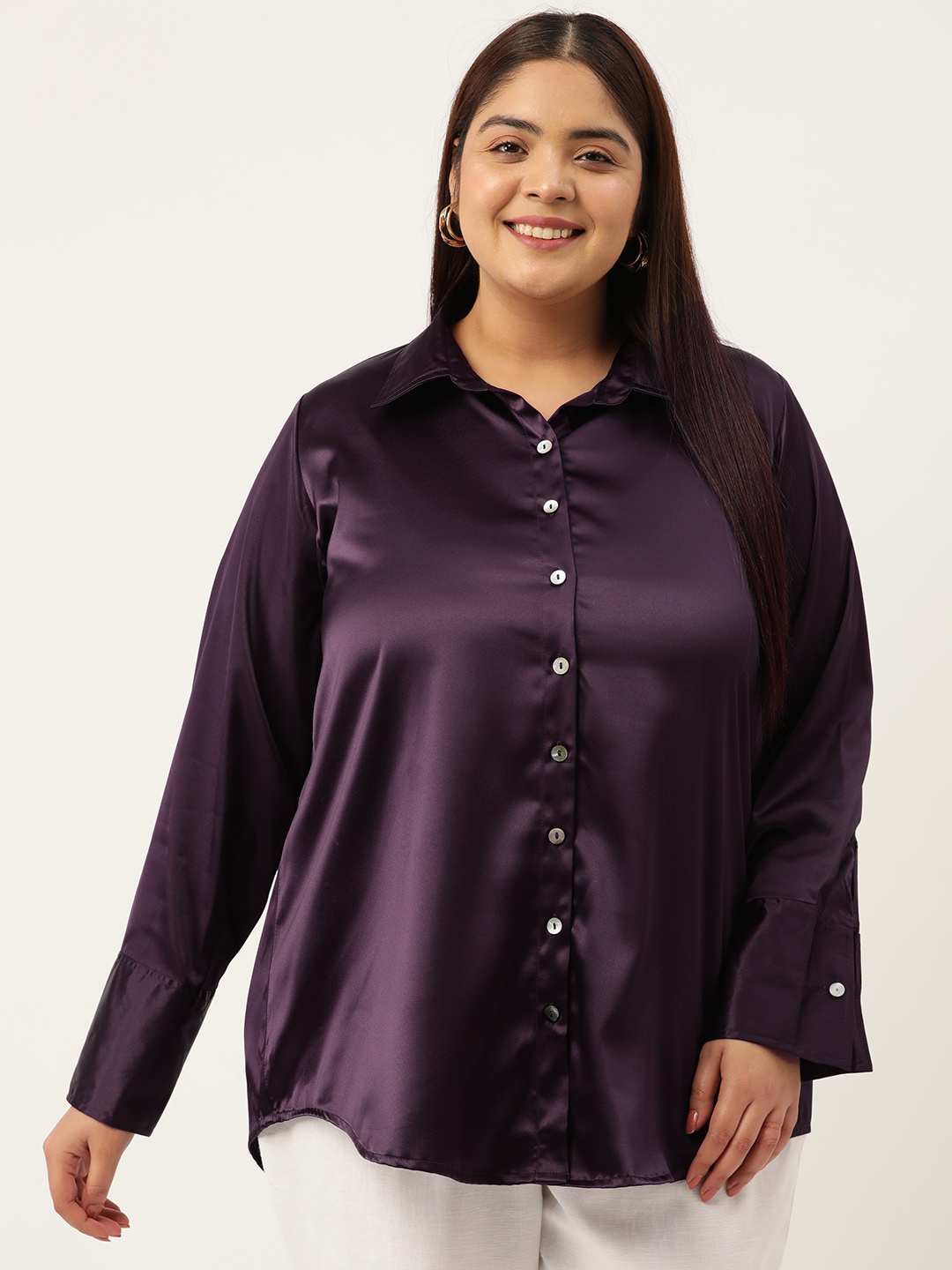 

theRebelinme Plus Size Relaxed Satin Longline Party Shirt, Purple
