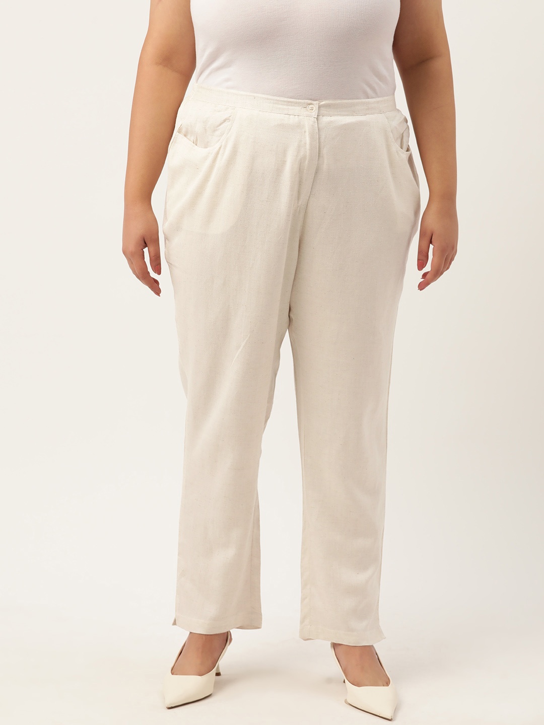 

theRebelinme Plus Size Smart Tapered Fit High-Rise Pure Linen Trousers, Off white