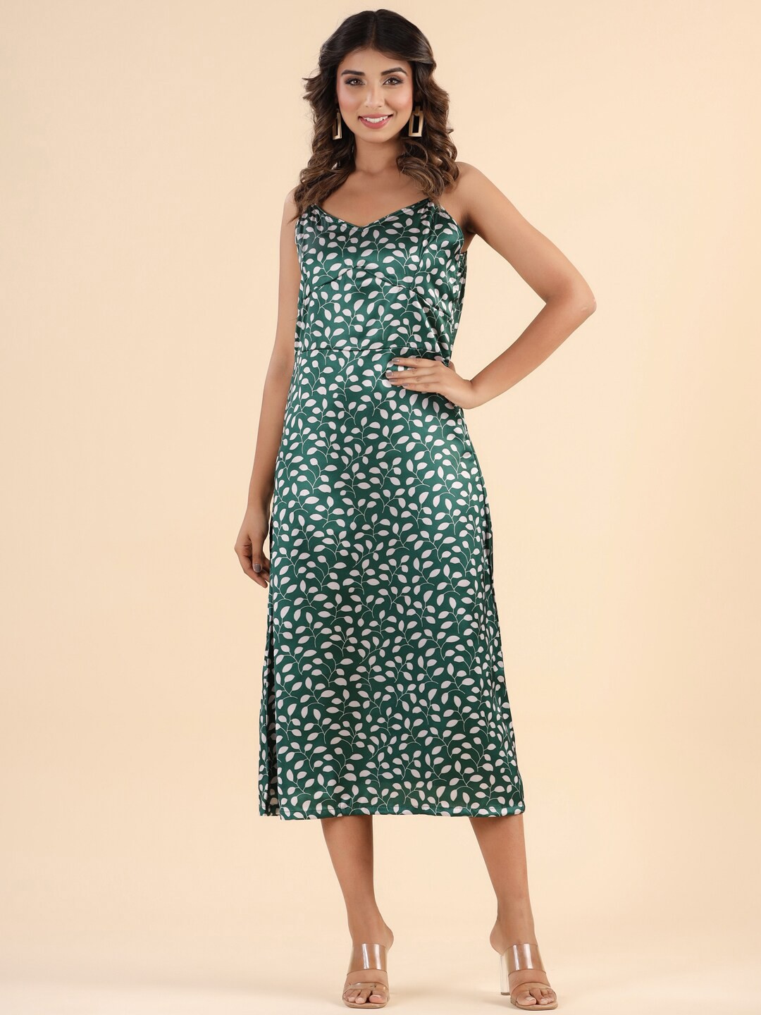 

JIRON Floral Printed Satin A-Line Midi Dress, Green