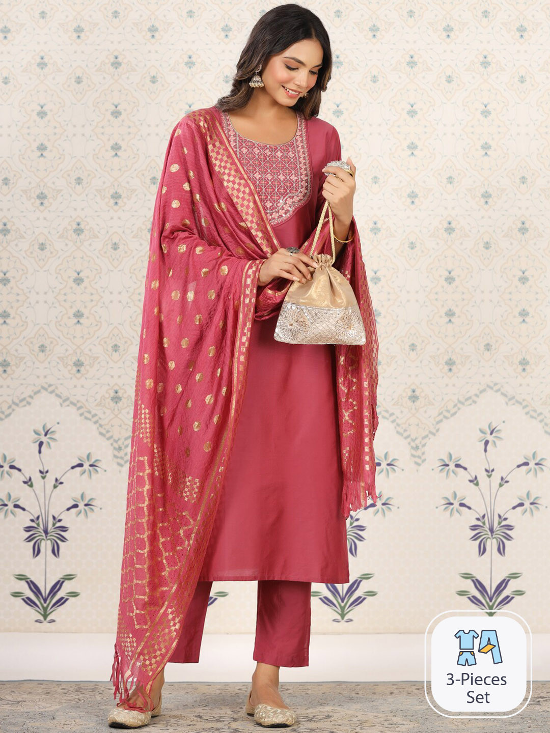 

Ode by House of Pataudi Ethnic Motifs Printed Straight Kurta & Trousers With Dupatta, Pink