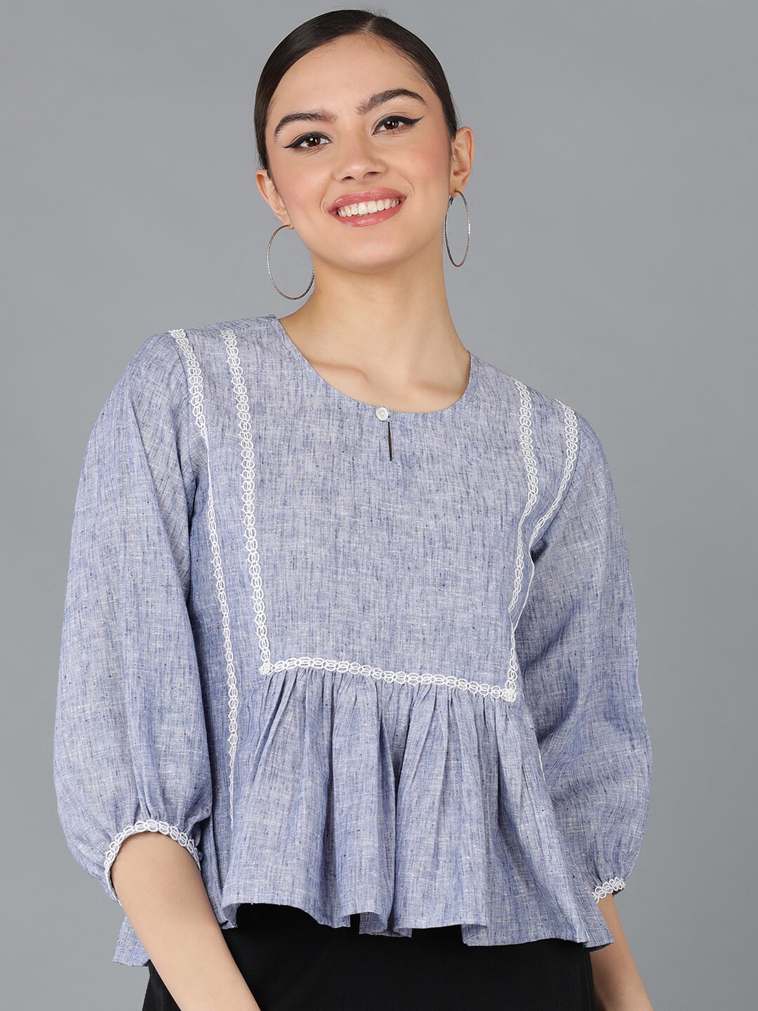 

Senyora Keyhole Neck Puff Sleeves Cotton Peplum Top, Grey
