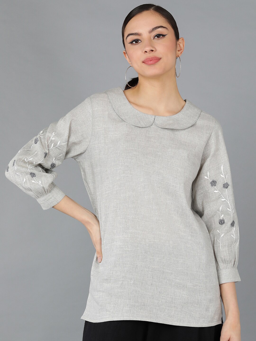 

Senyora Floral Embroidered Peter Pan Collar Cotton Top, Grey