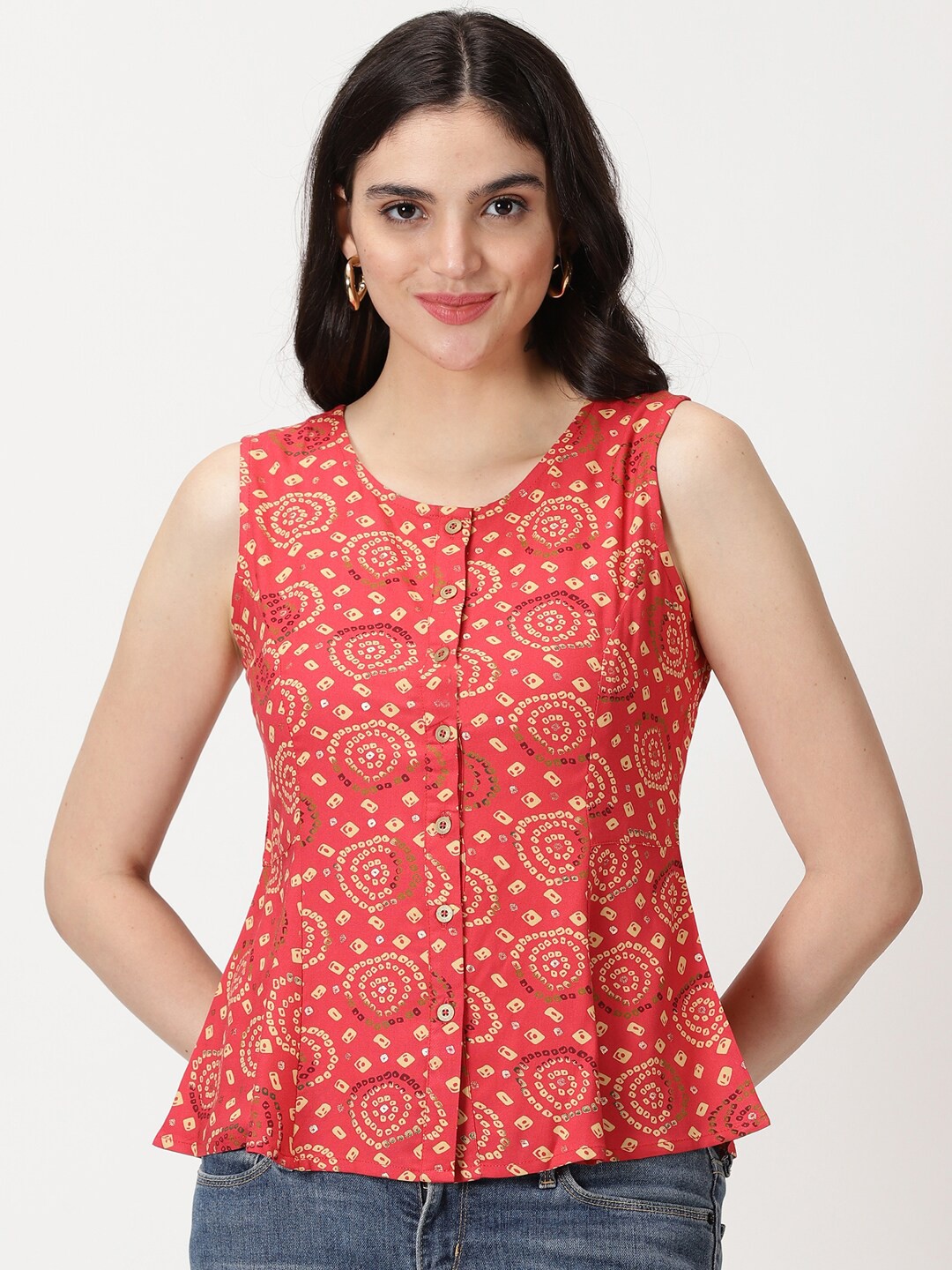 

Saffron Threads Bandhani Printed Sleeveless A-Line Top, Coral