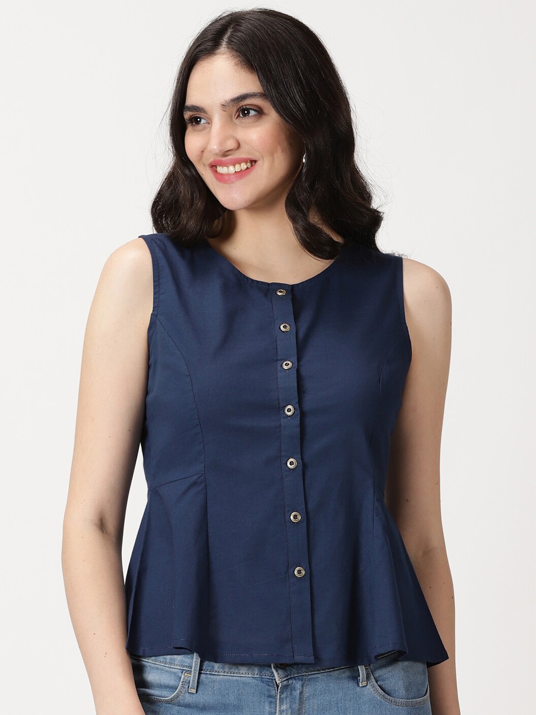 

Saffron Threads Sleeveless Cotton Linen A-Line Top, Navy blue