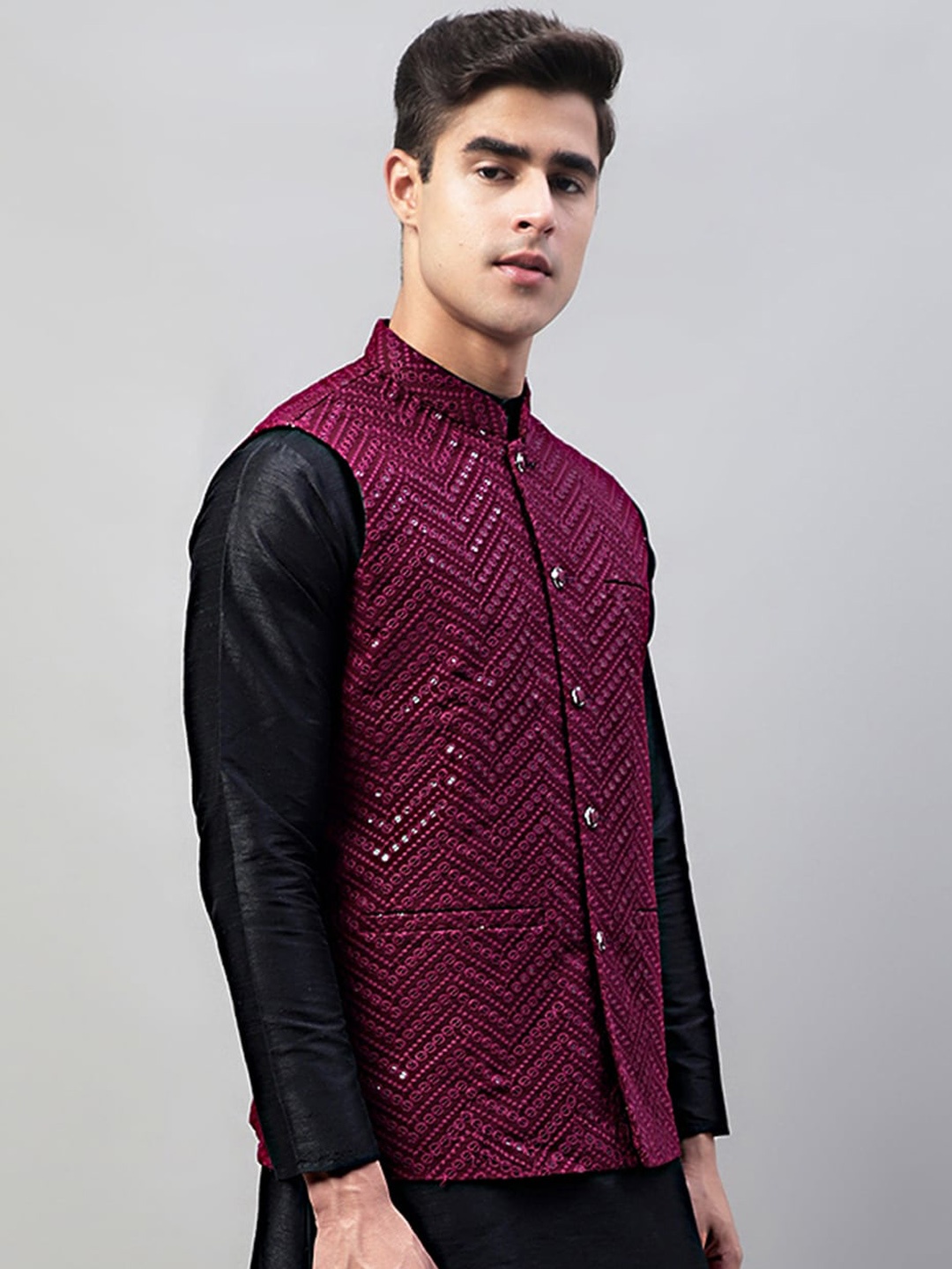 

Jompers Embroidered Sequinned Nehru Jacket, Purple