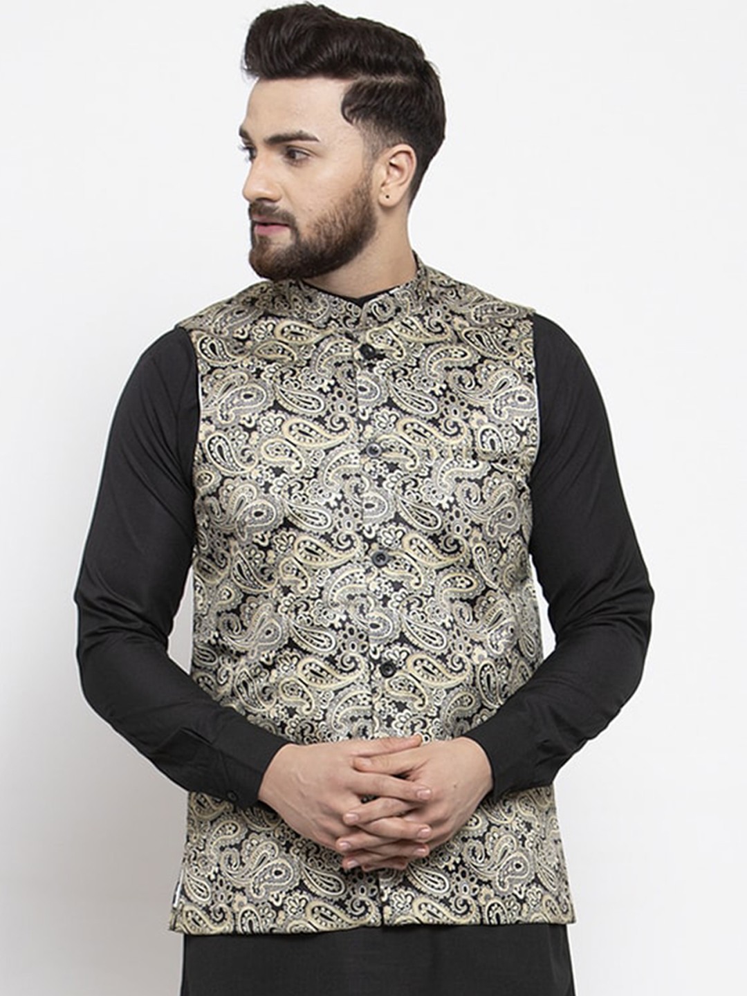 

Jompers Ethnic Motifs Printed Nehru Jacket, Black