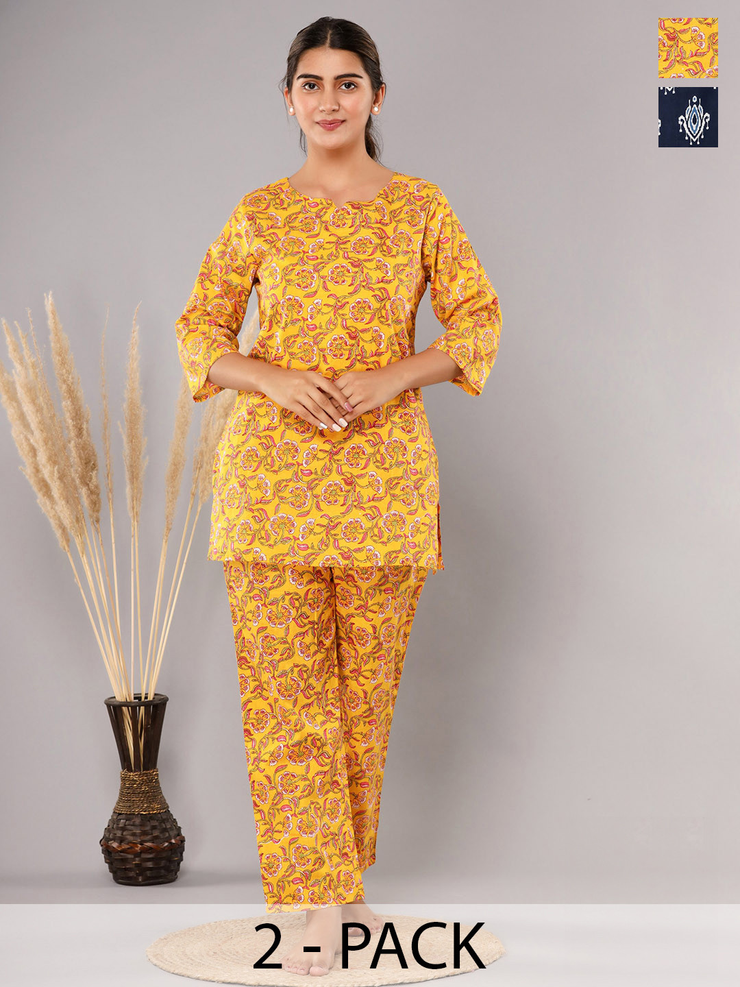 

Krati Creations Pack Of 2 Floral Printed Pure Cotton Night suit, Navy blue