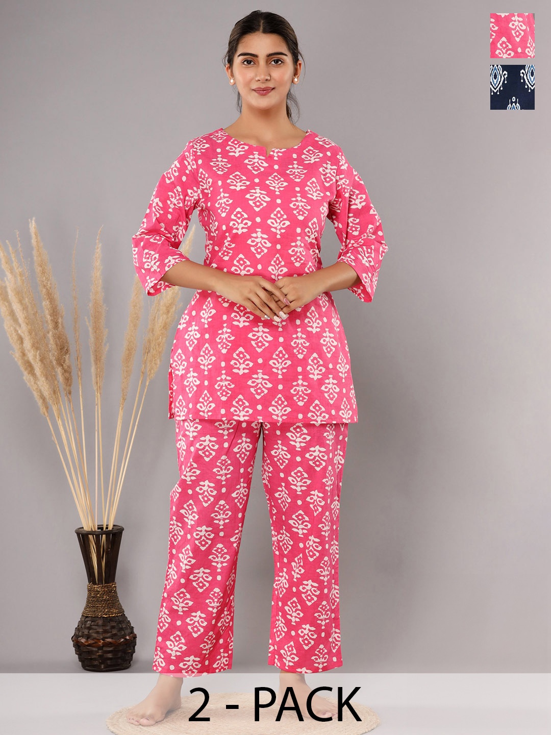 

Krati Creations Pack Of 2 Floral Printed Pure Cotton Night suit, Pink