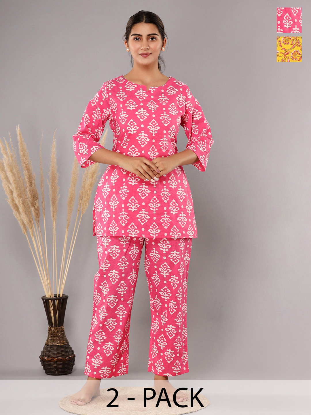 

Krati Creations Pack Of 2 Floral Printed Pure Cotton Night suit, Pink