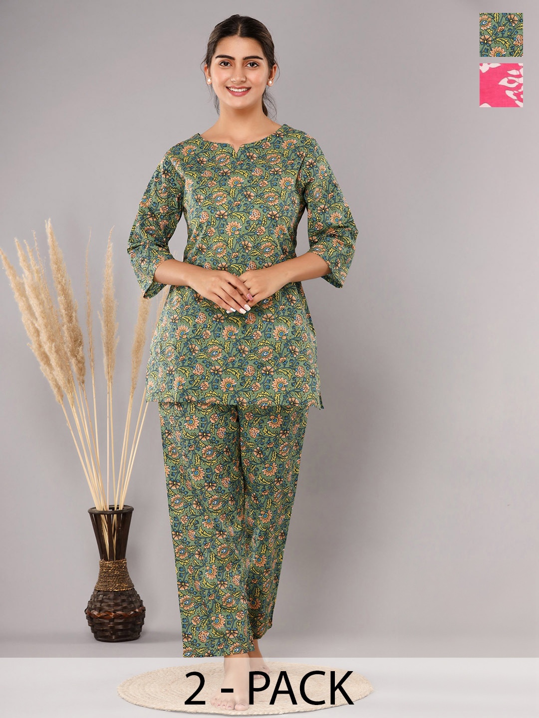 

Krati Creations Pack Of 2 Floral Printed Pure Cotton Night suit, Green