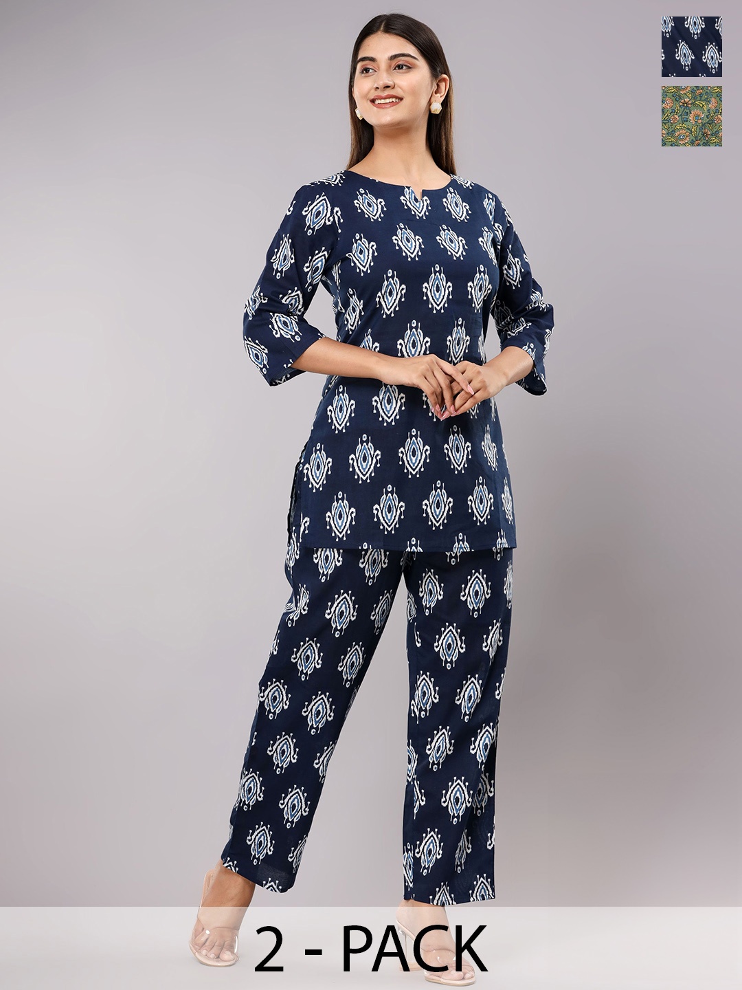 

Krati Creations Pack Of 2 Floral Printed Pure Cotton Night suit, Navy blue