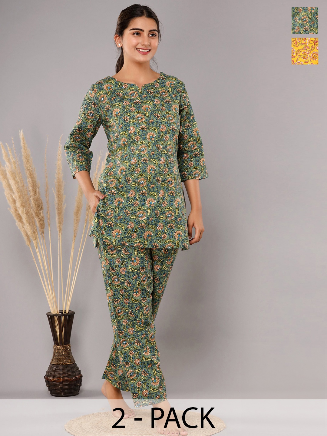 

Krati Creations Pack Of 2 Floral Printed Pure Cotton Night suit, Green