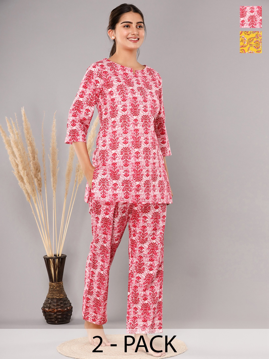 

Krati Creations Pack Of 2 Floral Printed Pure Cotton Night suit, Pink