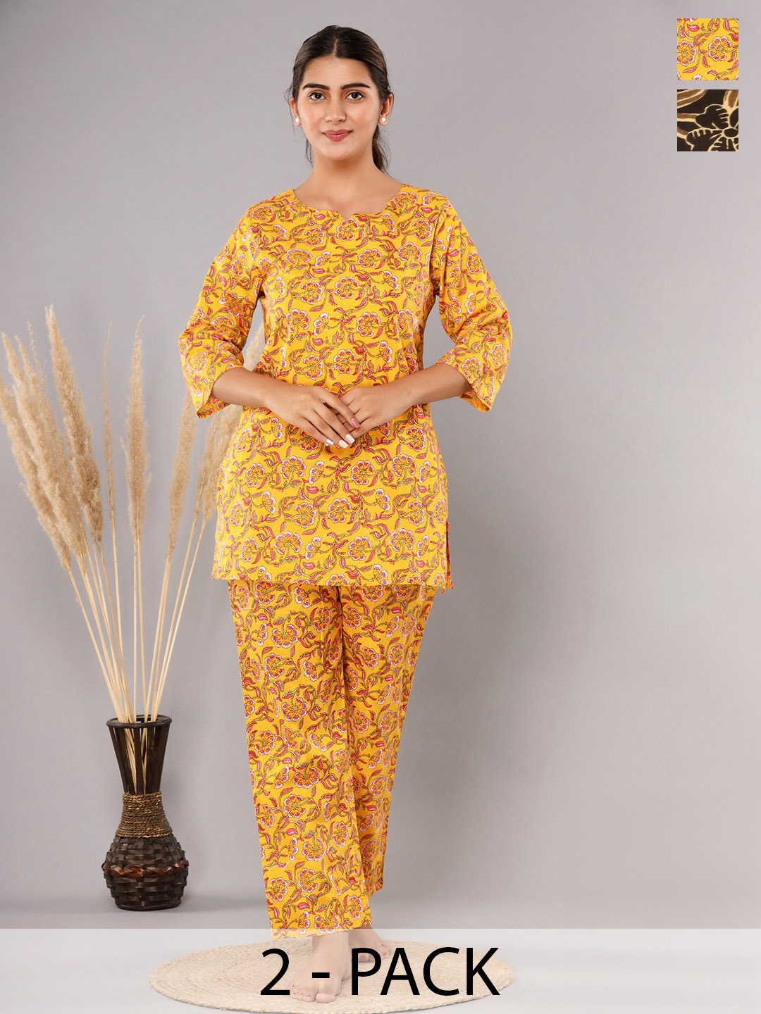 

Krati Creations Pack Of 2 Floral Printed Pure Cotton Night suit, Mustard