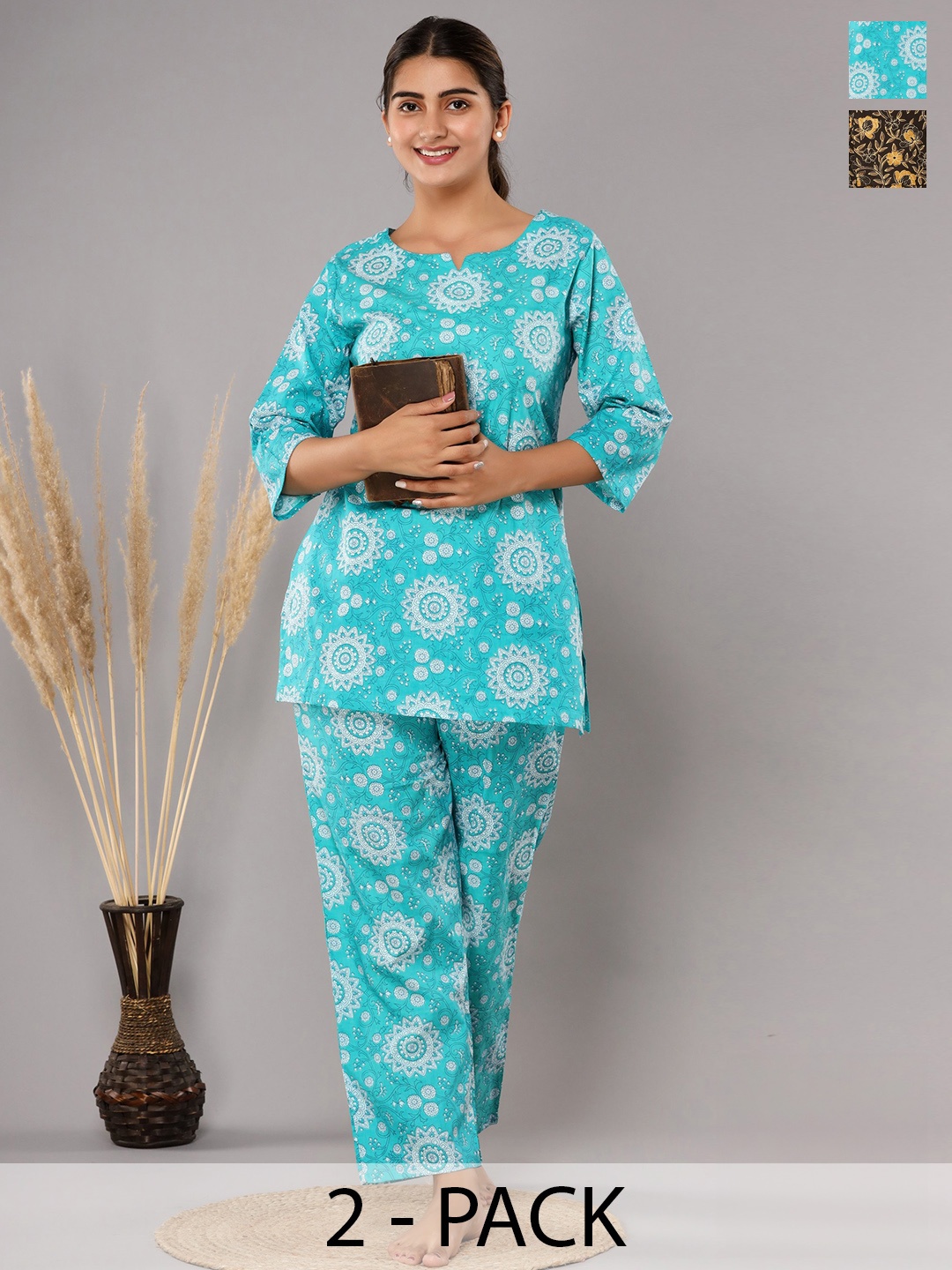 

Krati Creations Pack Of 2 Floral Printed Pure Cotton Night suit, Blue