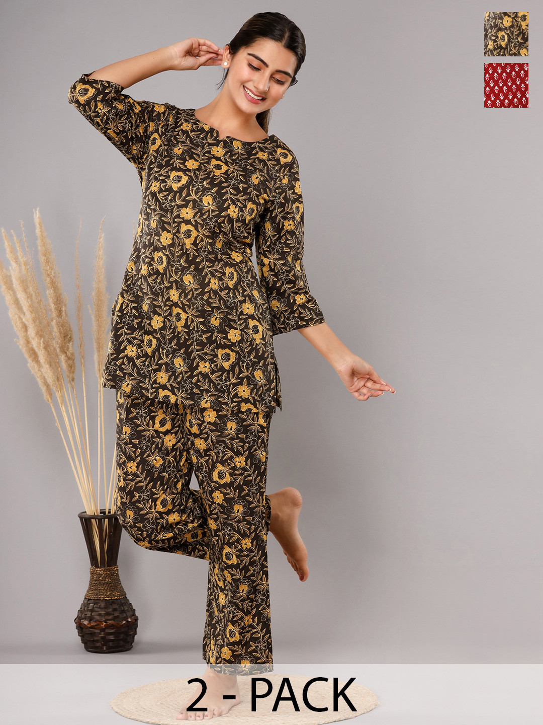 

Krati Creations Pack Of 2 Floral Printed Pure Cotton Night suit, Red