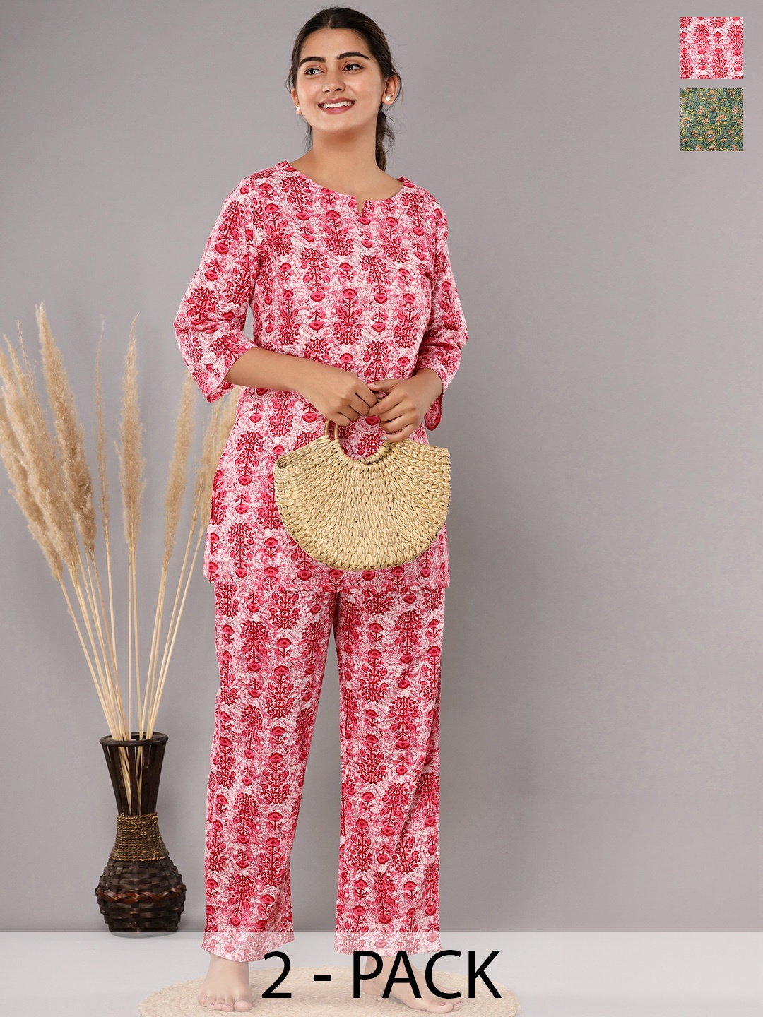 

Krati Creations Pack Of 2 Floral Printed Pure Cotton Night suit, Pink