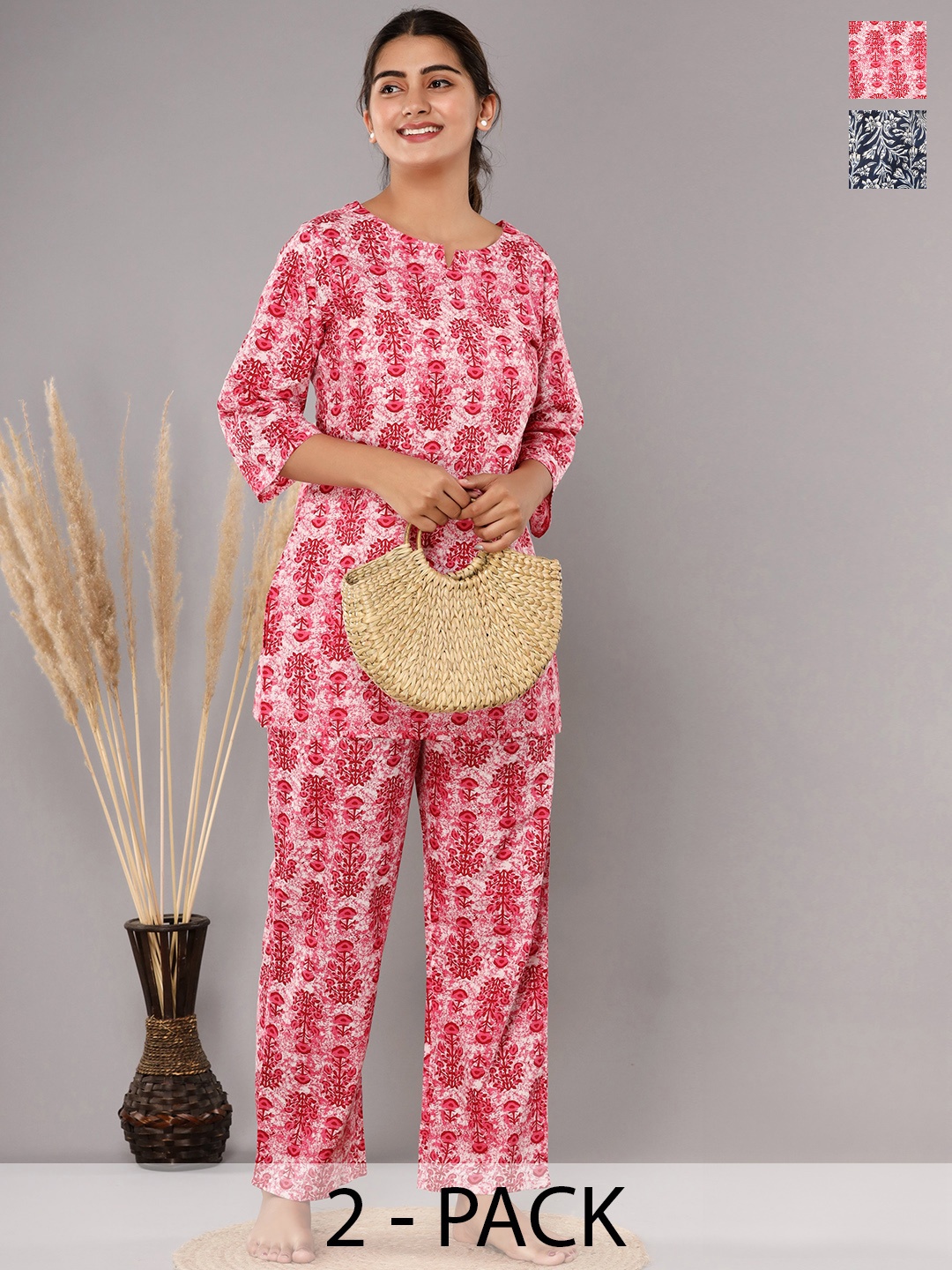 

Krati Creations Pack Of 2 Floral Printed Pure Cotton Night suit, Pink