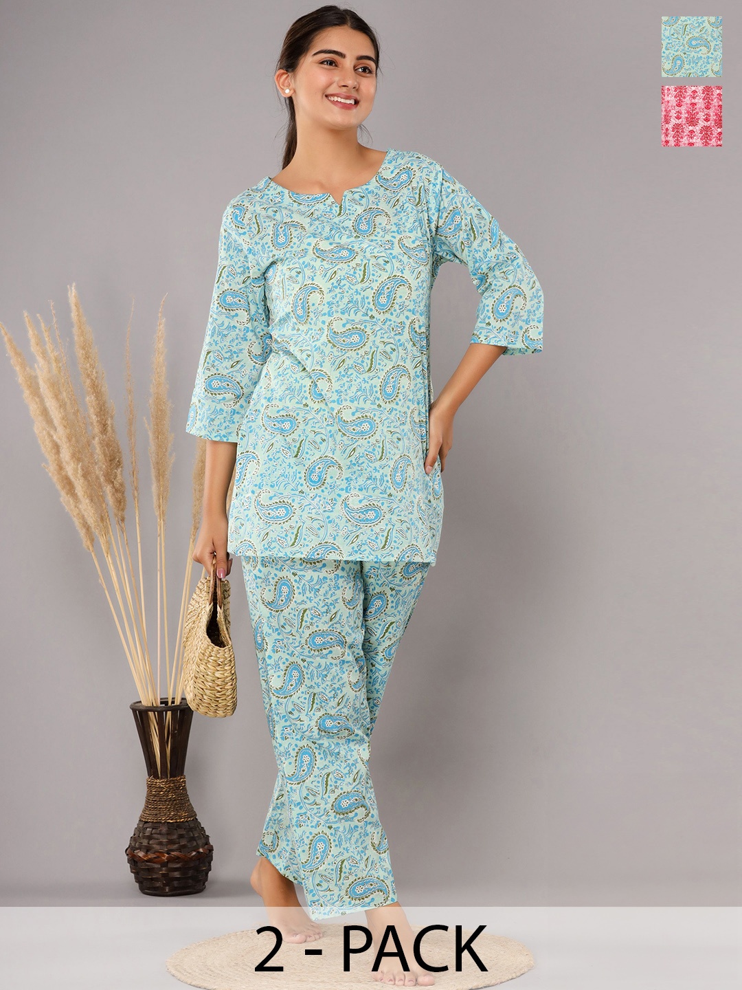 

Krati Creations Pack Of 2 Floral Printed Pure Cotton Night suit, Turquoise blue
