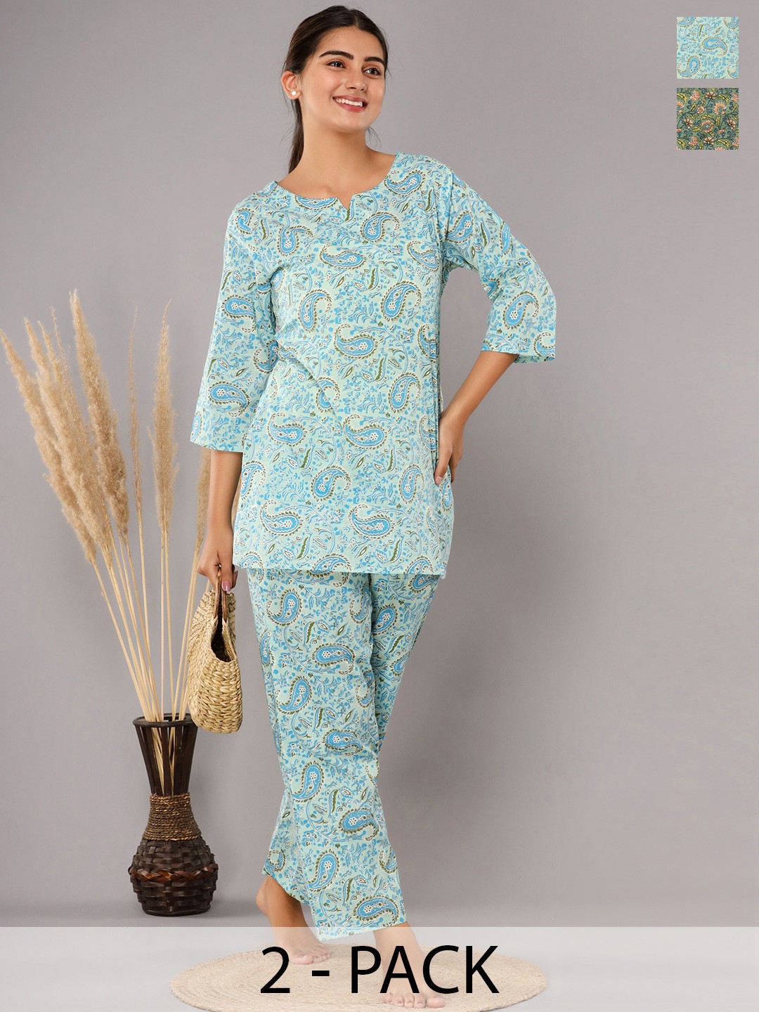 

Krati Creations Pack Of 2 Floral Printed Pure Cotton Night suit, Turquoise blue