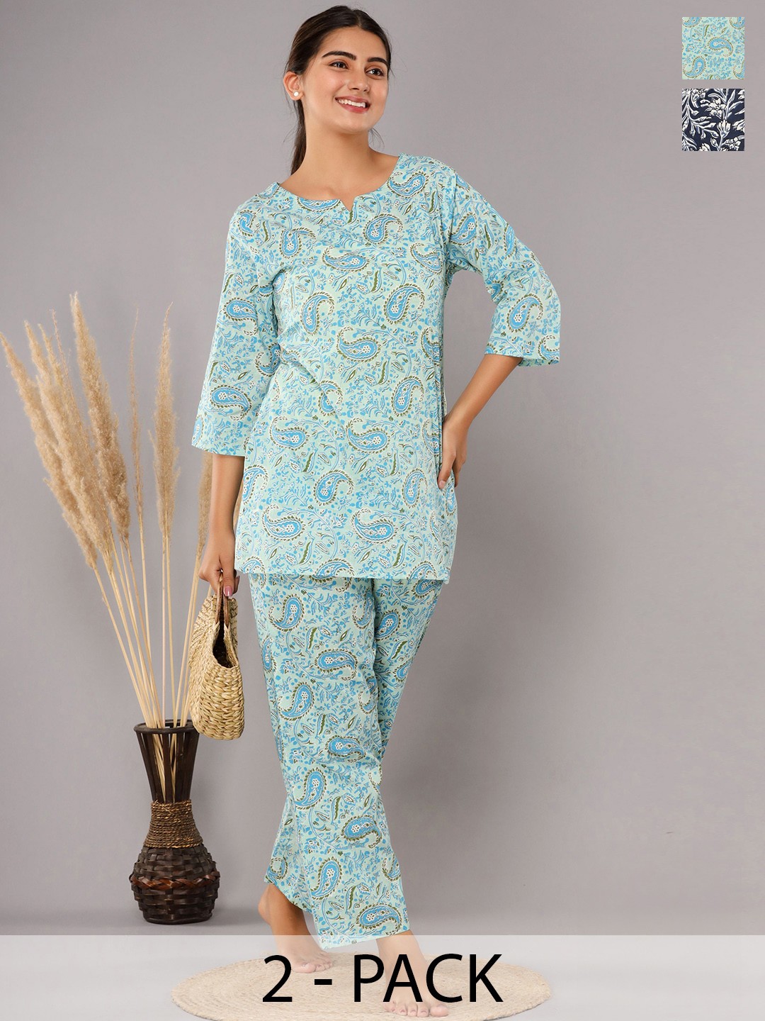 

Krati Creations Pack Of 2 Floral Printed Pure Cotton Night suit, Turquoise blue