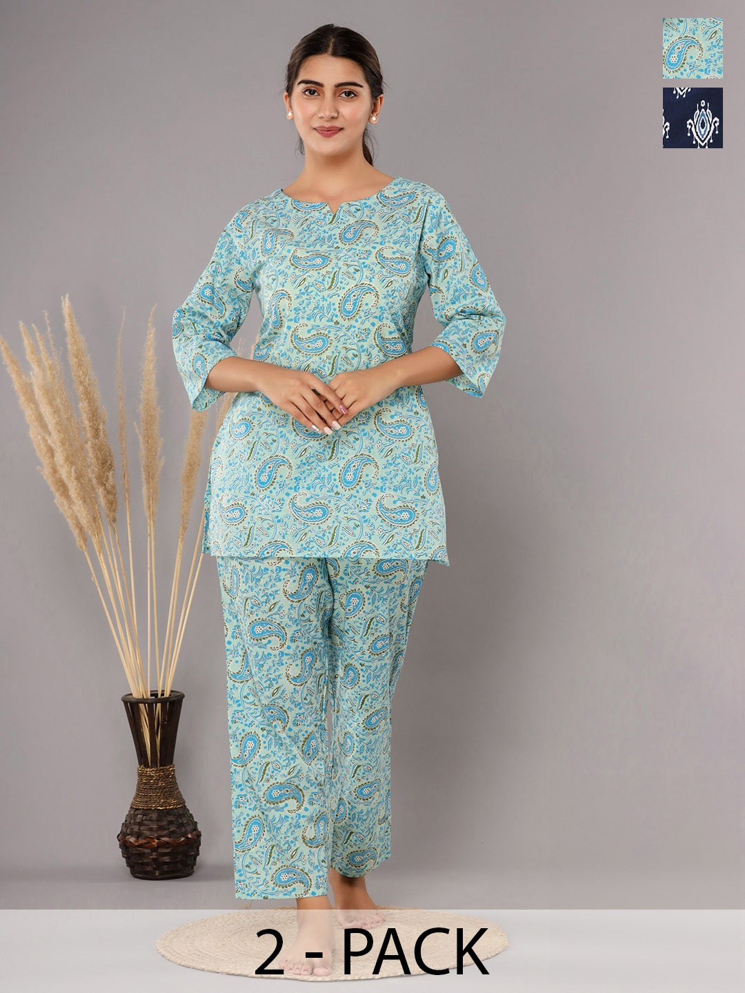 

Krati Creations Pack Of 2 Floral Printed Pure Cotton Night suit, Turquoise blue