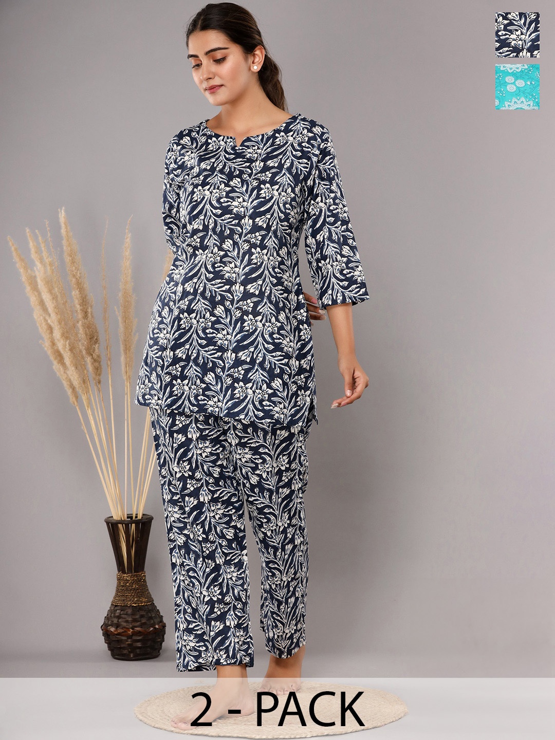 

Krati Creations Pack Of 2 Floral Printed Pure Cotton Night suit, Blue