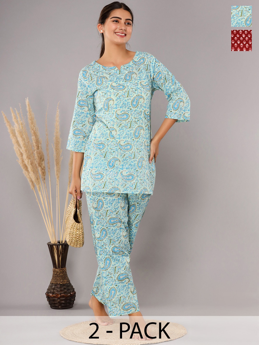 

Krati Creations Pack Of 2 Floral Printed Pure Cotton Night suit, Red