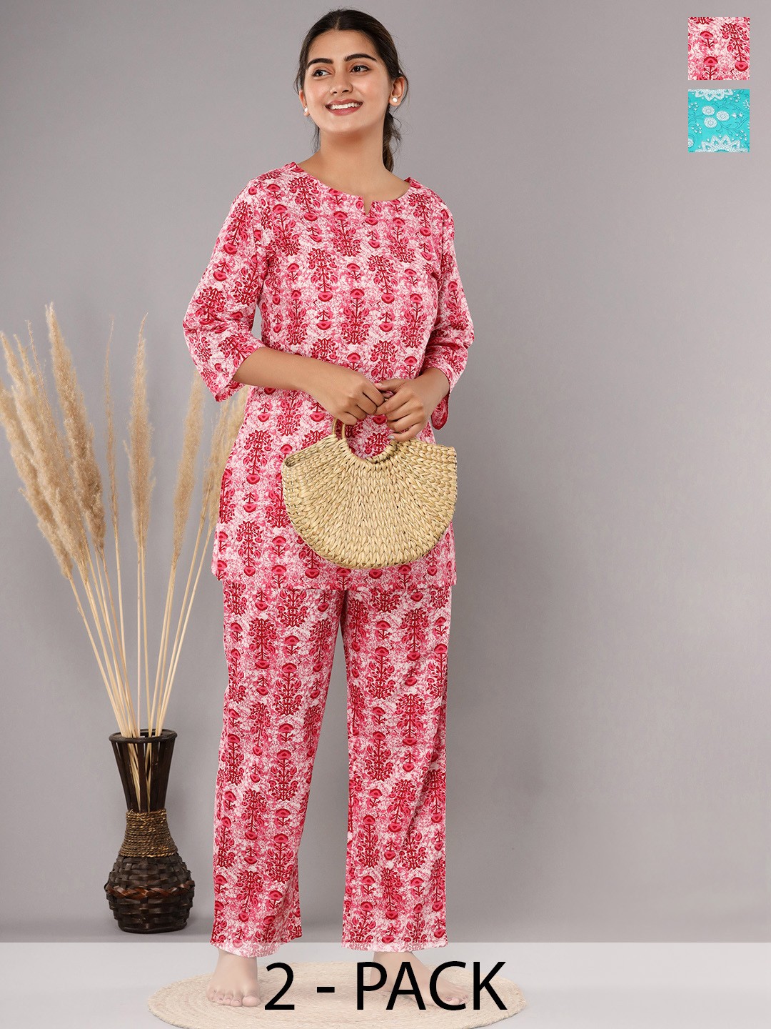 

Krati Creations Pack Of 2 Floral Printed Pure Cotton Night suit, Pink