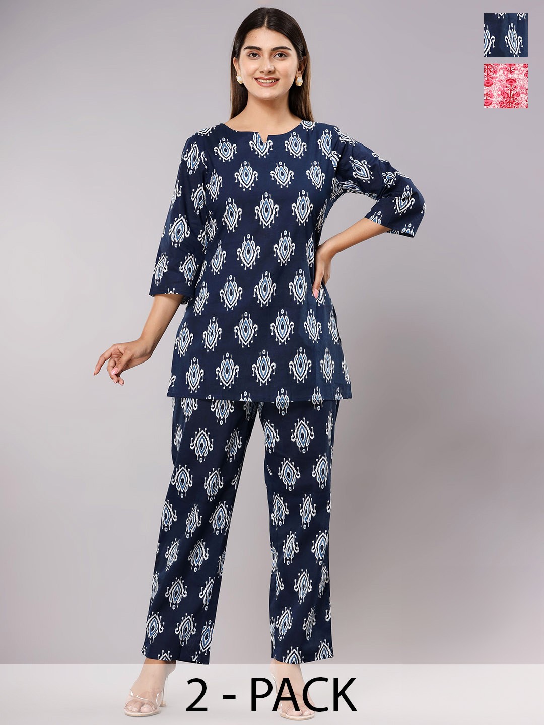 

Krati Creations Pack Of 2 Floral Printed Pure Cotton Night suit, Navy blue