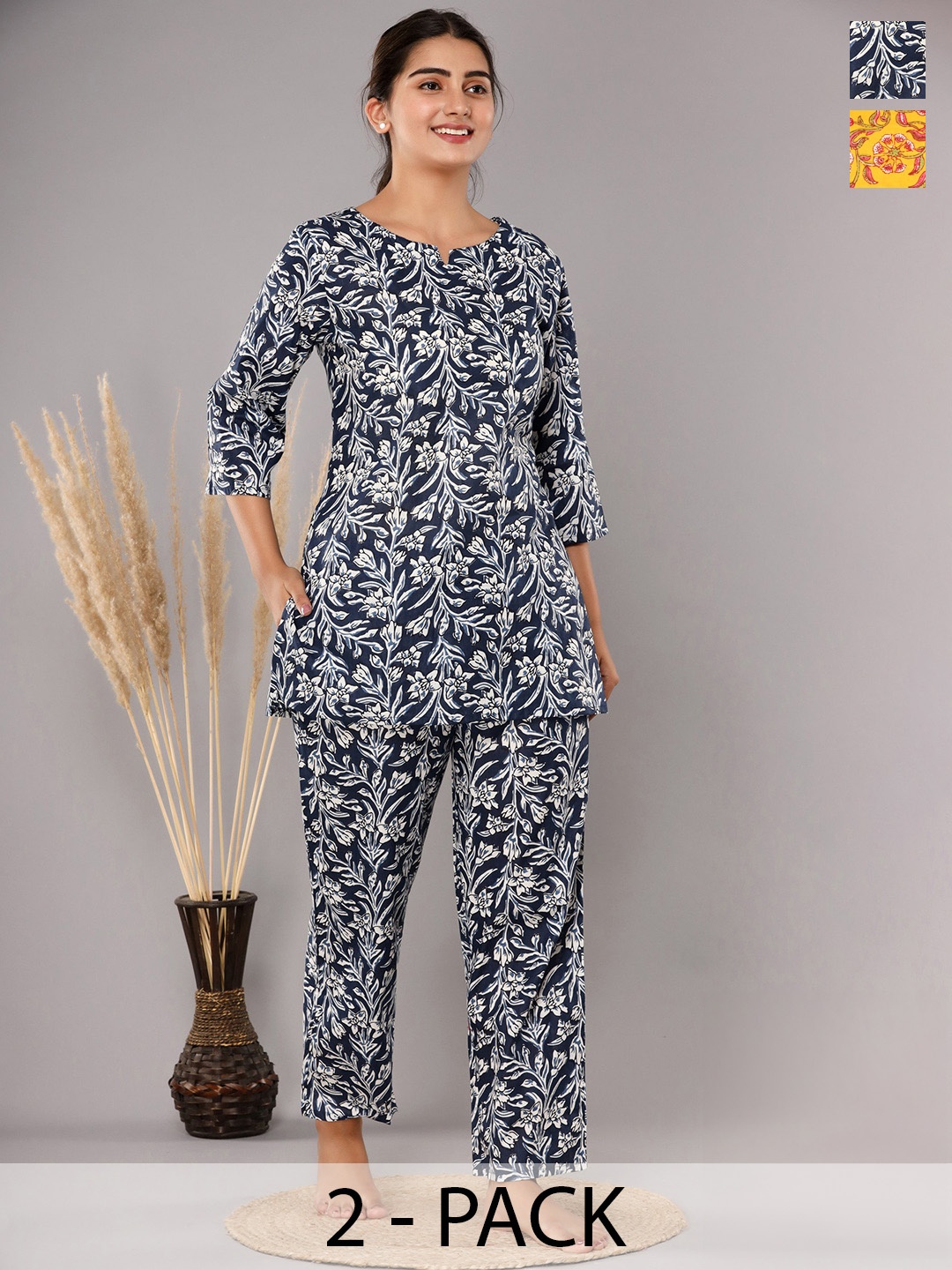 

Krati Creations Pack Of 2 Floral Printed Pure Cotton Night suit, Blue