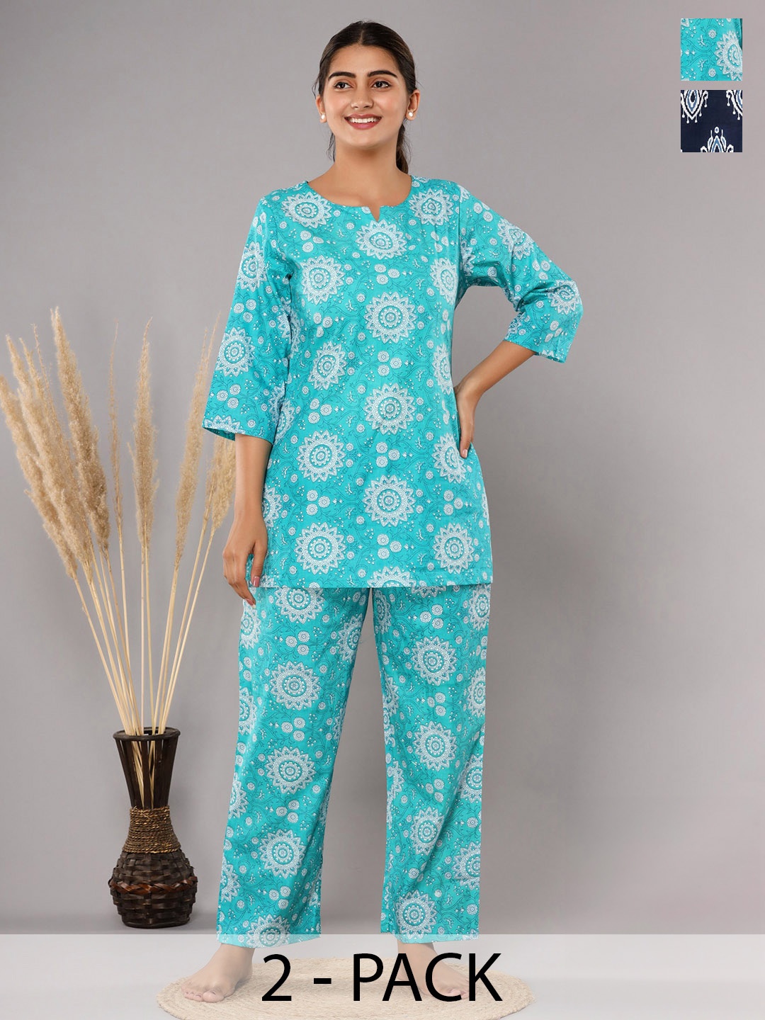 

Krati Creations Pack Of 2 Floral Printed Pure Cotton Night suit, Blue