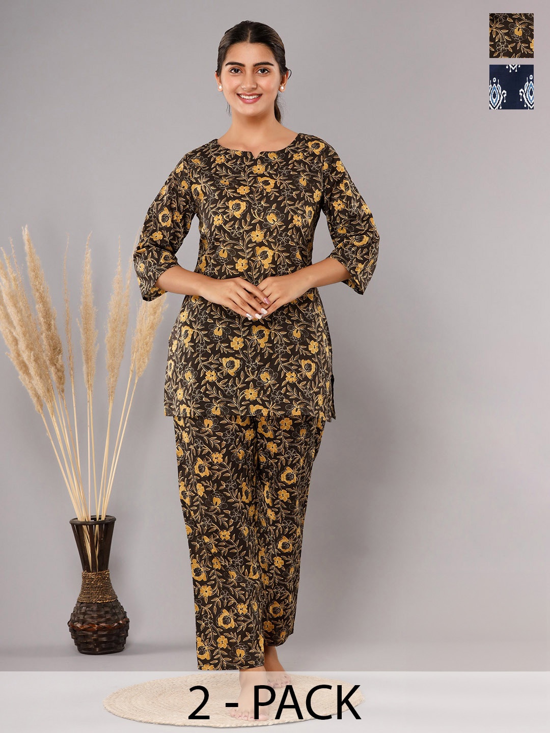 

Krati Creations Pack Of 2 Floral Printed Pure Cotton Night suit, Brown