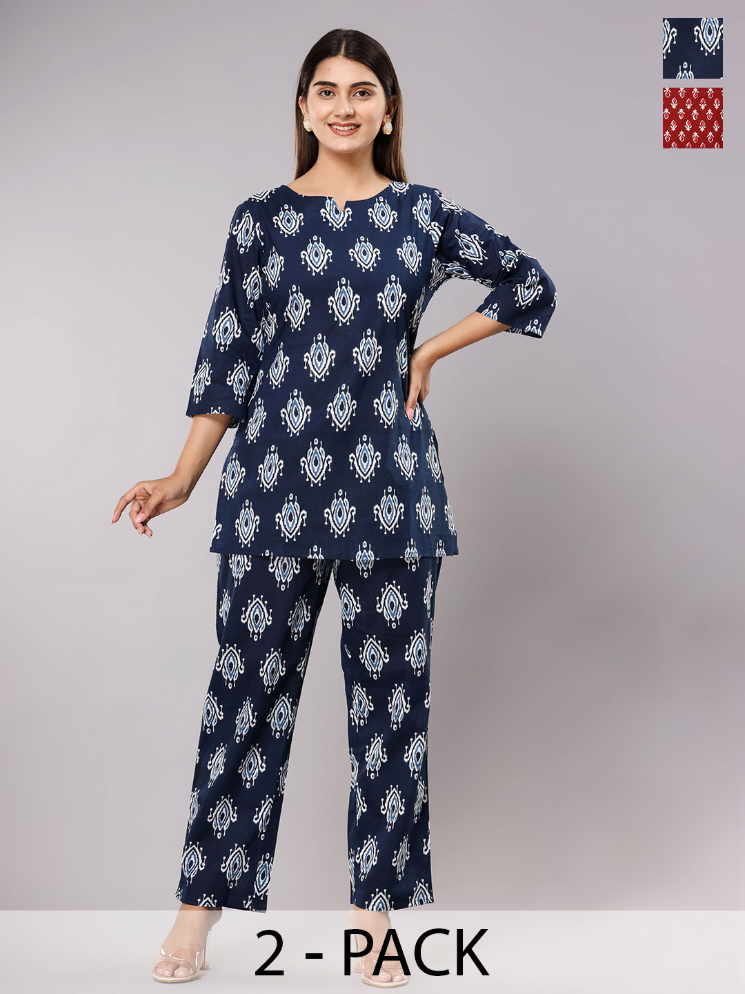 

Krati Creations Pack Of 2 Floral Printed Pure Cotton Night suit, Navy blue