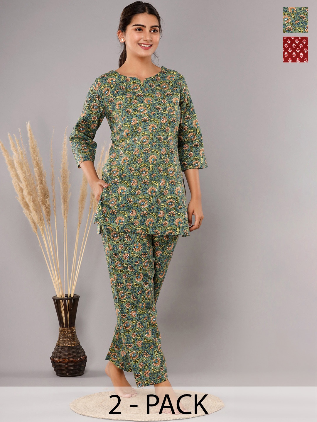 

Krati Creations Pack Of 2 Floral Printed Pure Cotton Night suit, Red