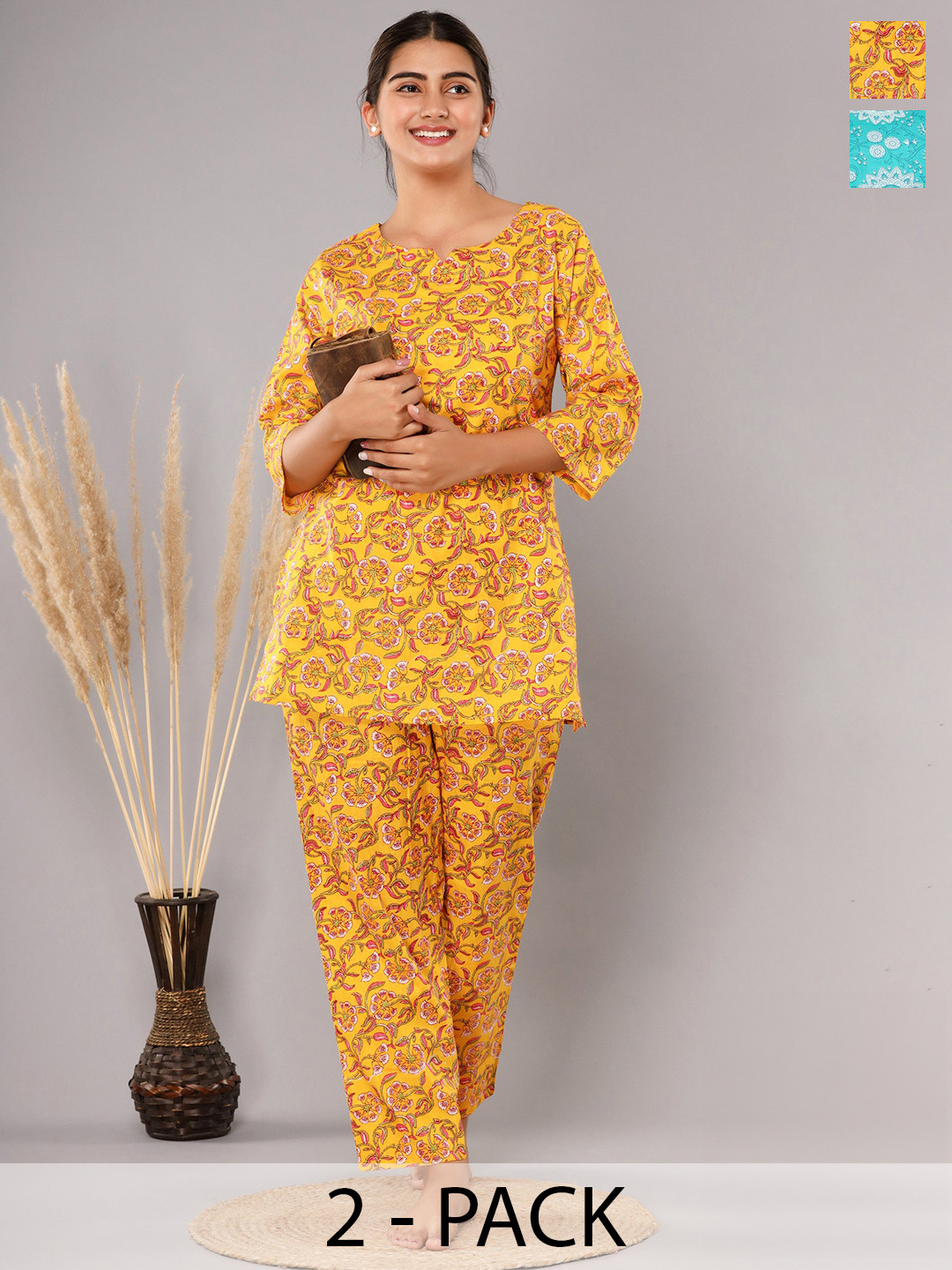 

Krati Creations Pack Of 2 Floral Printed Pure Cotton Night suit, Yellow