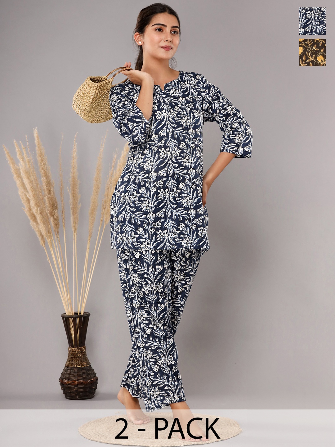 

Krati Creations Pack Of 2 Floral Printed Pure Cotton Night suit, Blue