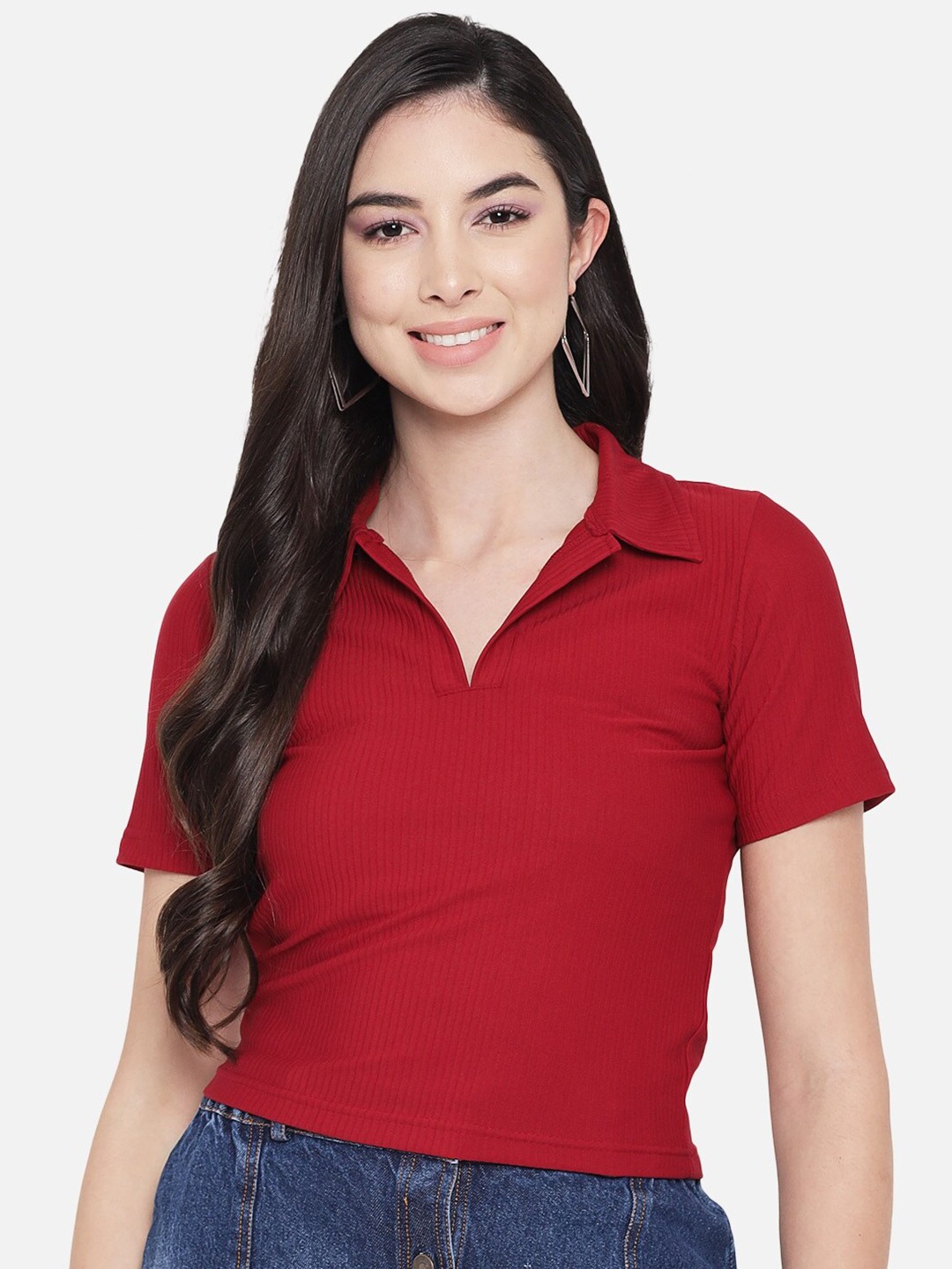 

Chemistry Shirt Collar Ribbed Top, Red