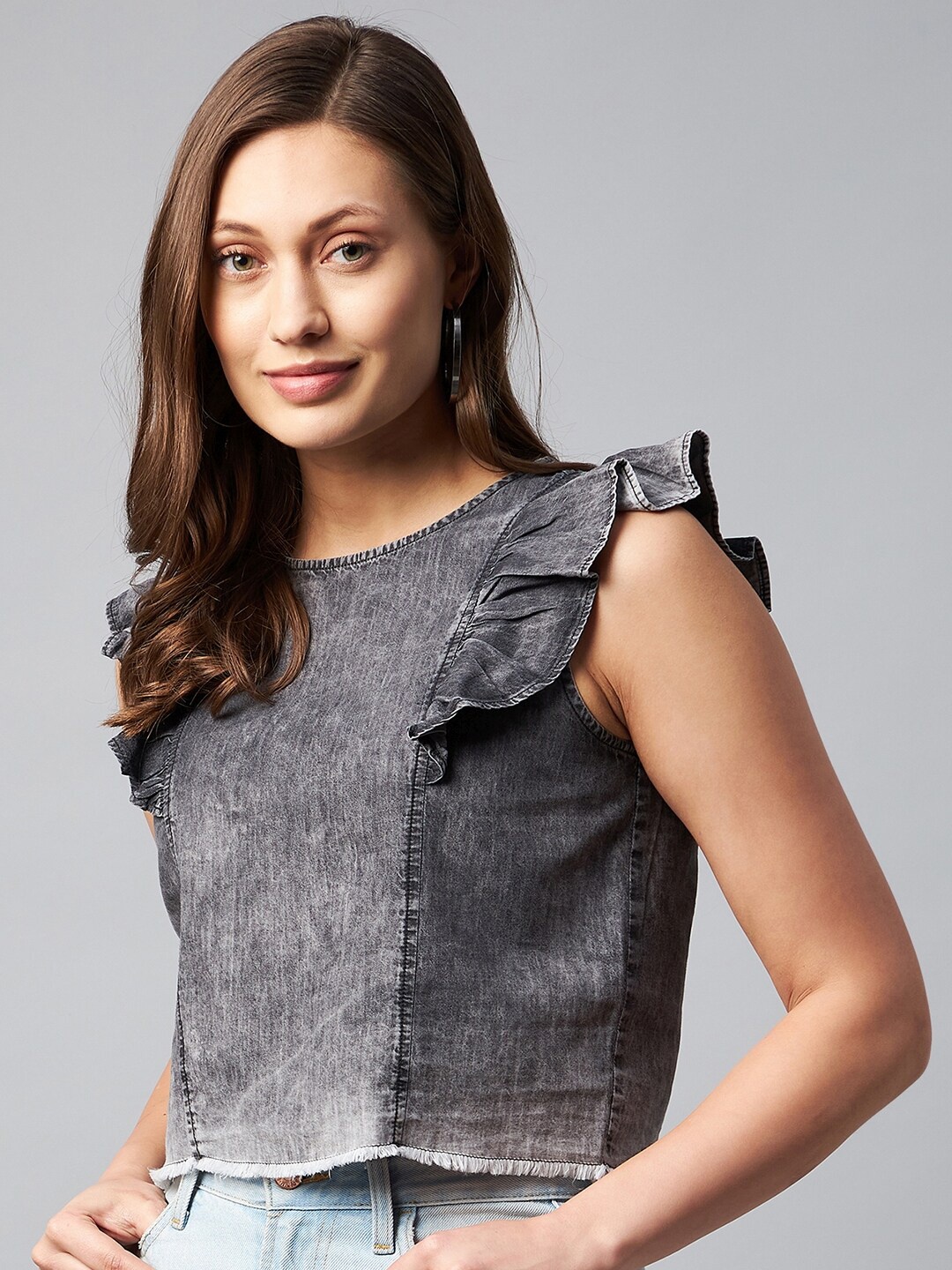 

Chemistry Round Neck Ruffles Cotton Denim Top, Black