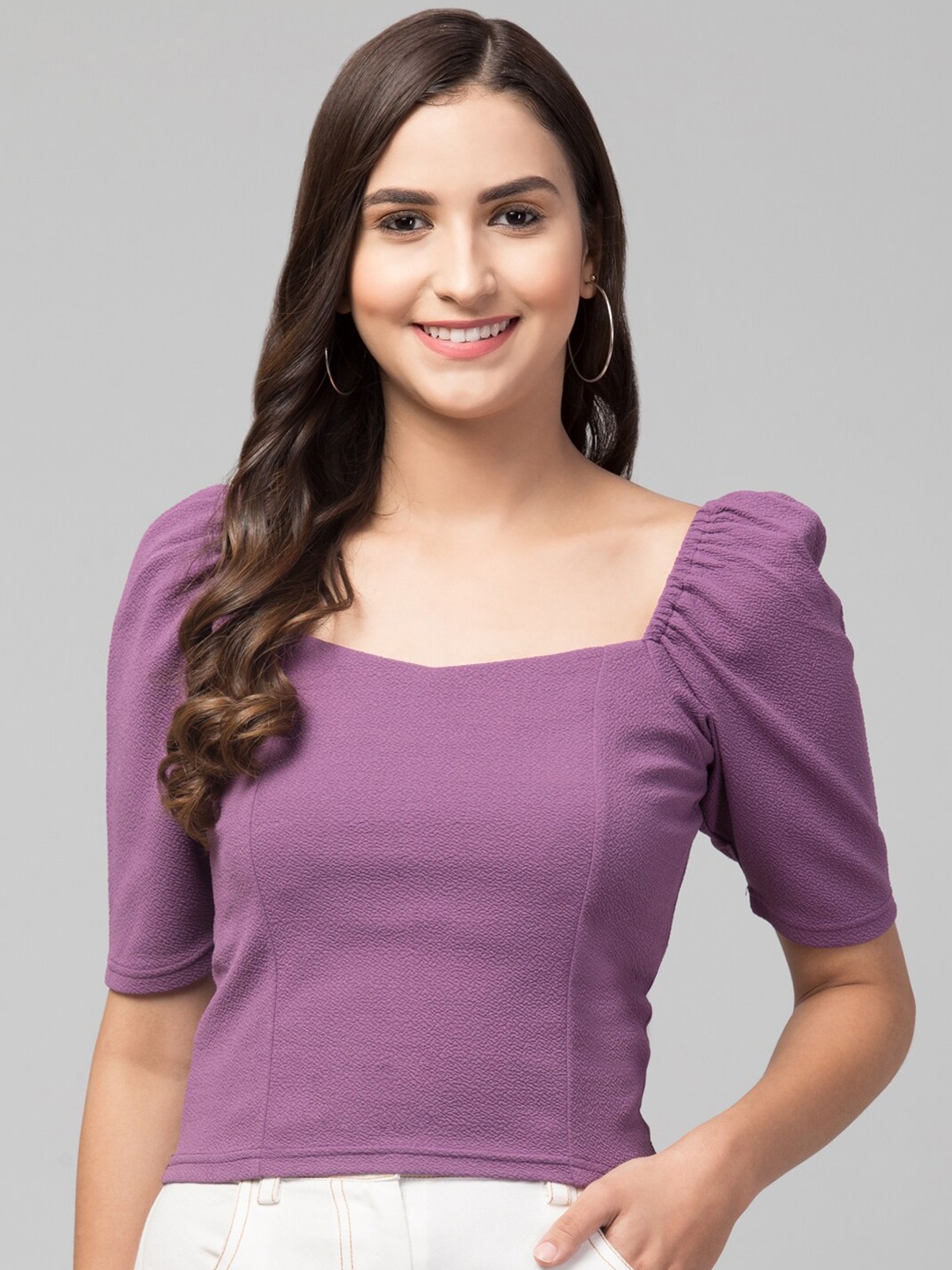 

Chemistry Square Neck Puff Sleeves Top, Purple