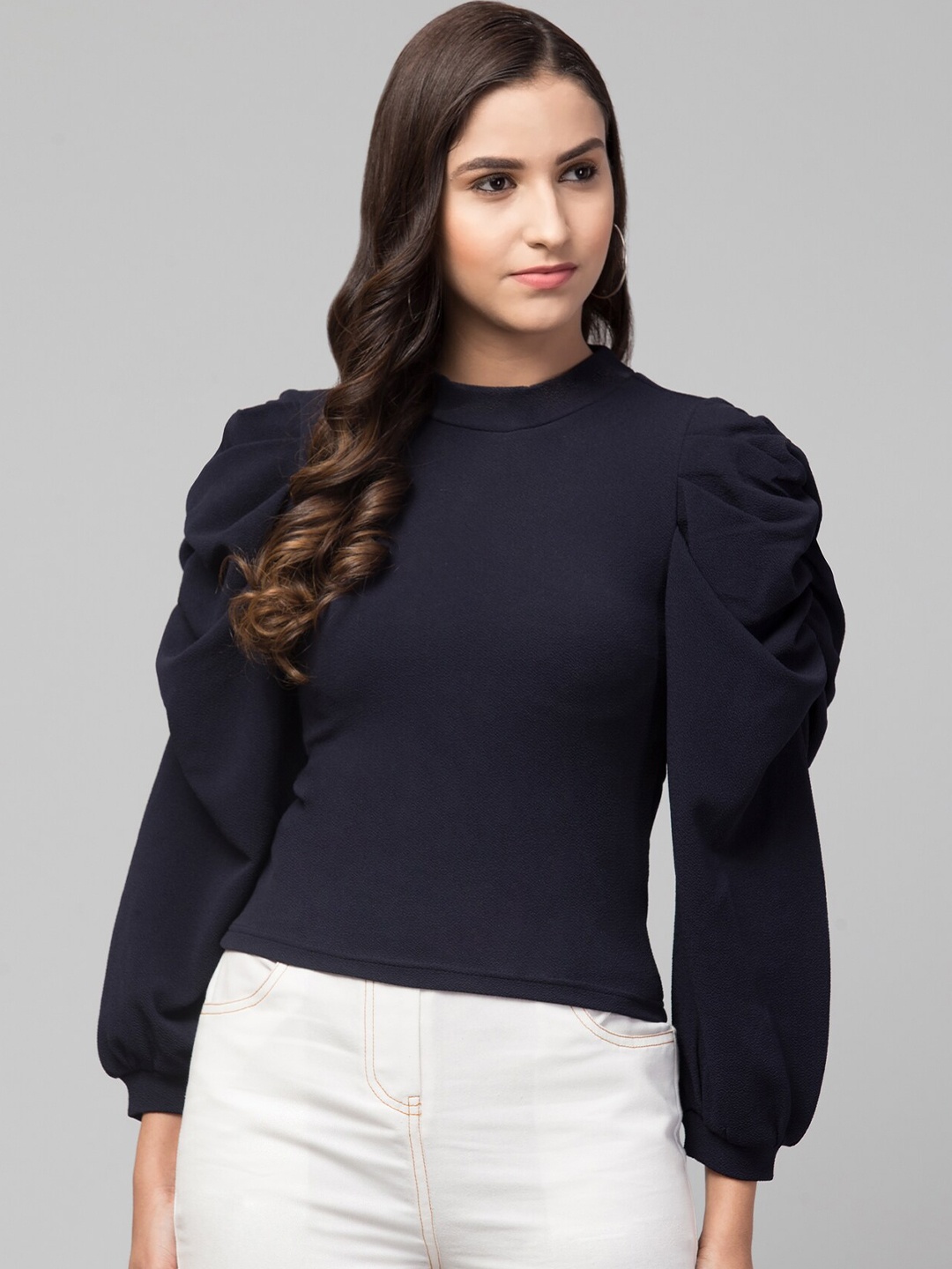 

Chemistry High Neck Puff Sleeves Top, Navy blue
