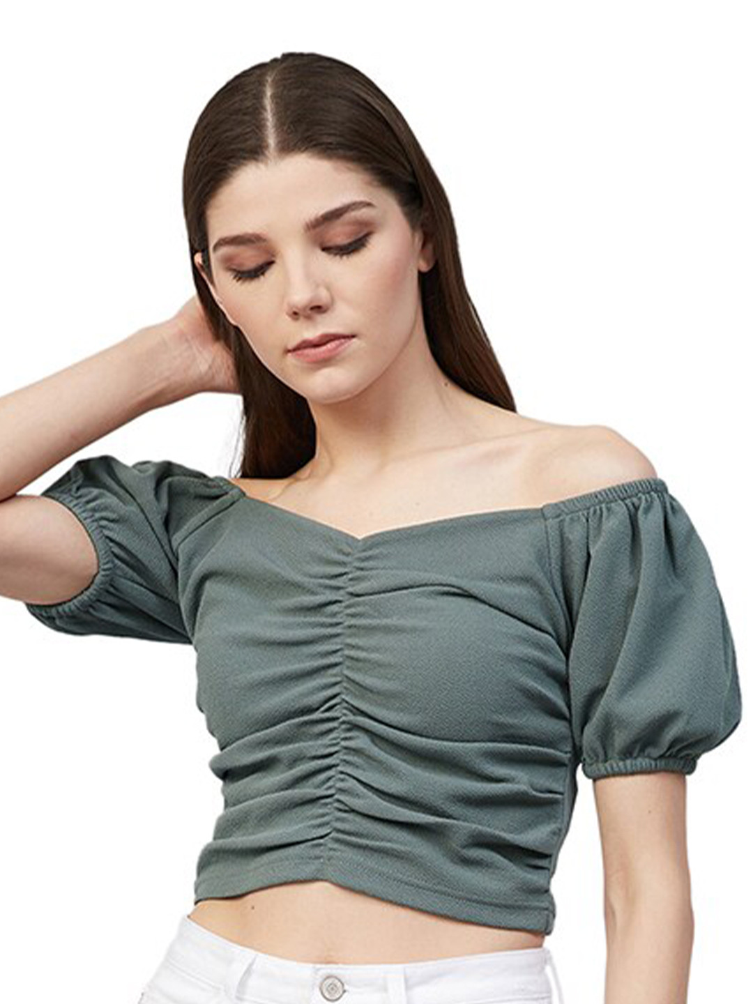 

Chemistry Off-Shoulder Puff Sleeve Ruched Crop Top, Green