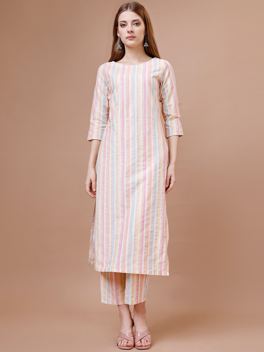 

Hinayat Fashion Striped Round Neck Kurta & Trousers, White