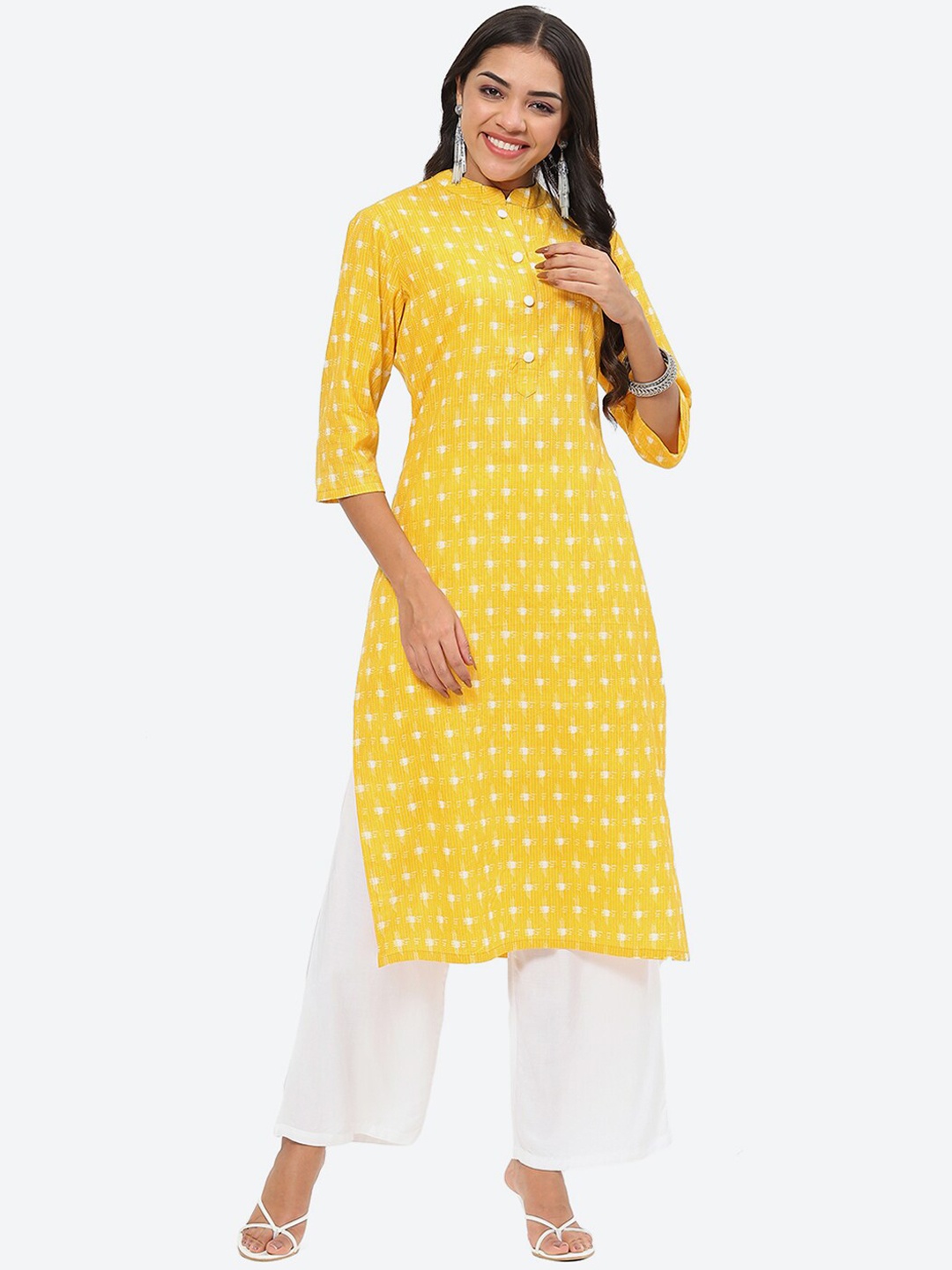 

Kurti's by Menka Geometric Woven Design Mandarin Collar Straight Cotton Kurta, Yellow
