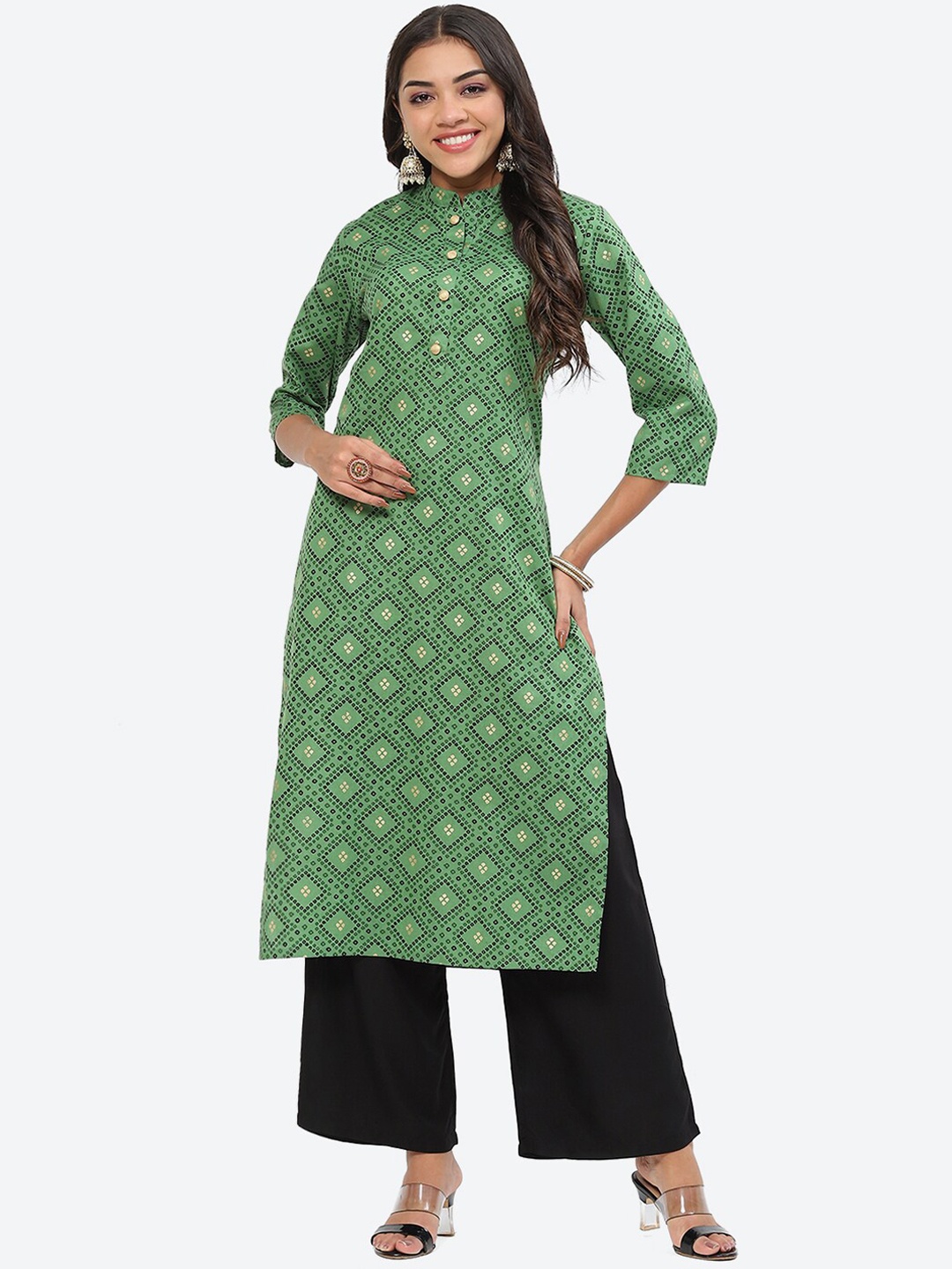 

Kurti's by Menka Geometric Printed Mandarin Collar Cotton Kurta, Green