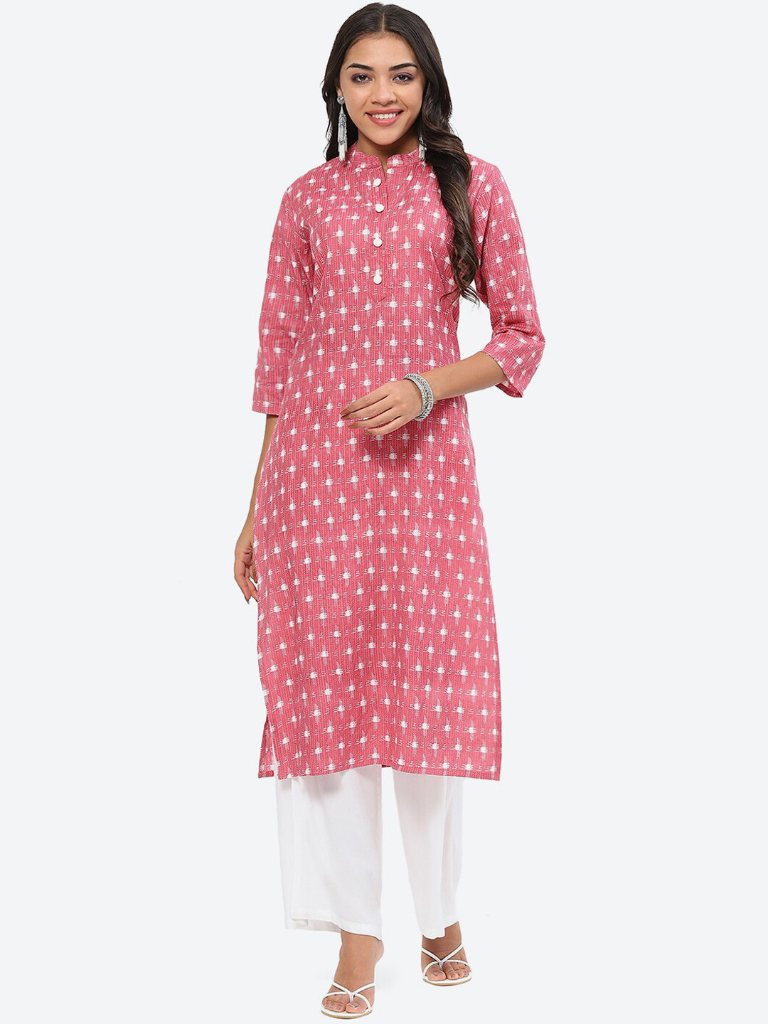 

Kurti's by Menka Ethnic Motifs Printed Mandarin Collar Cotton Kurta, Pink