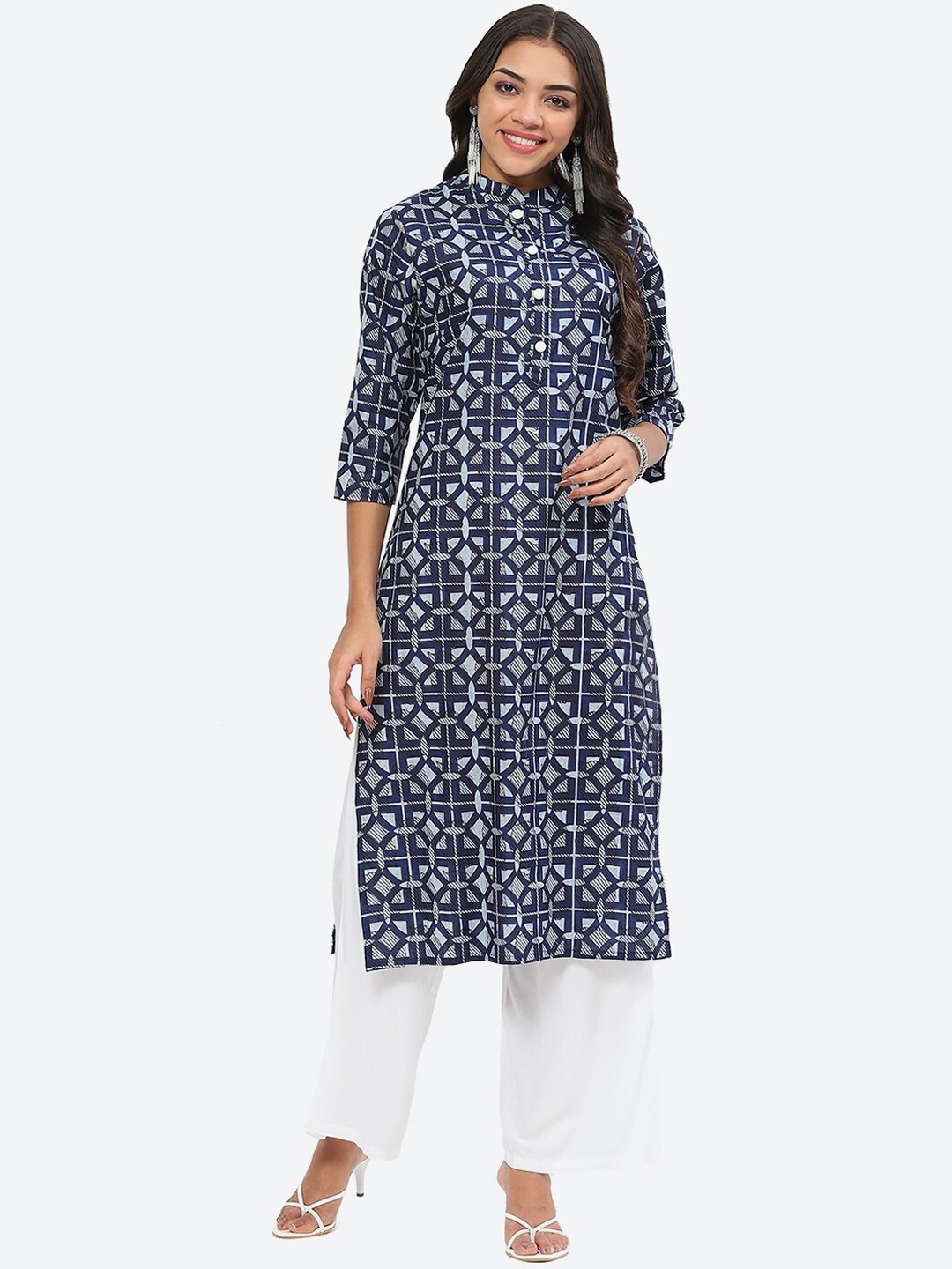 

Kurti's by Menka Geometric Printed Mandarin Collar Straight Cotton Kurta, Blue