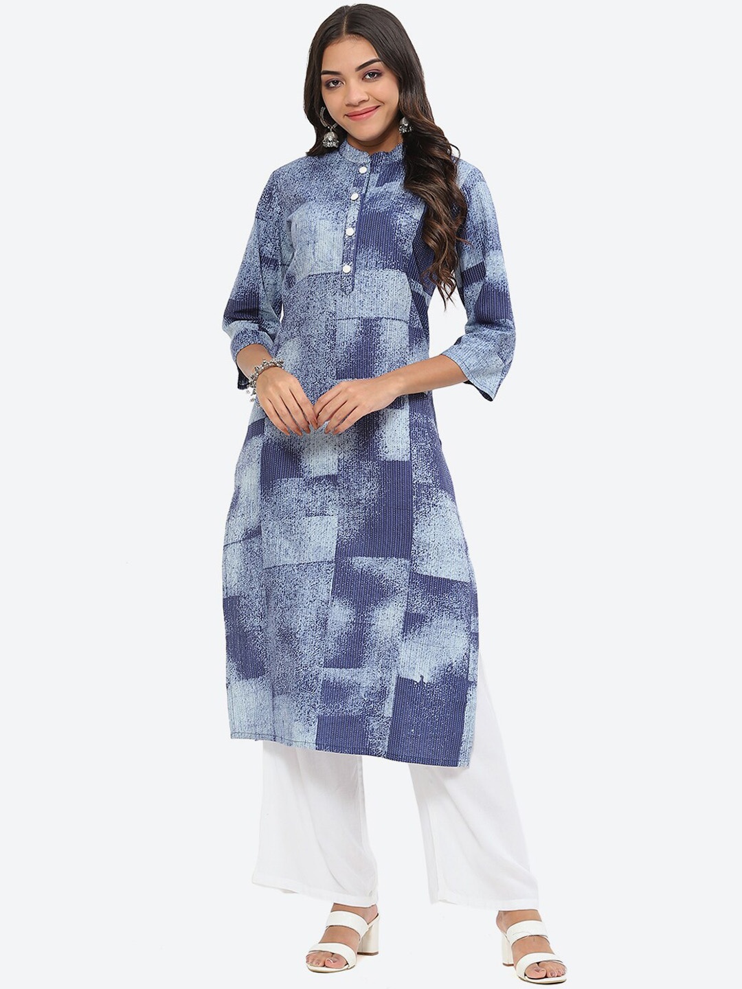 

Kurti's by Menka Abstract Printed Thread Work Straight Kurta, Blue
