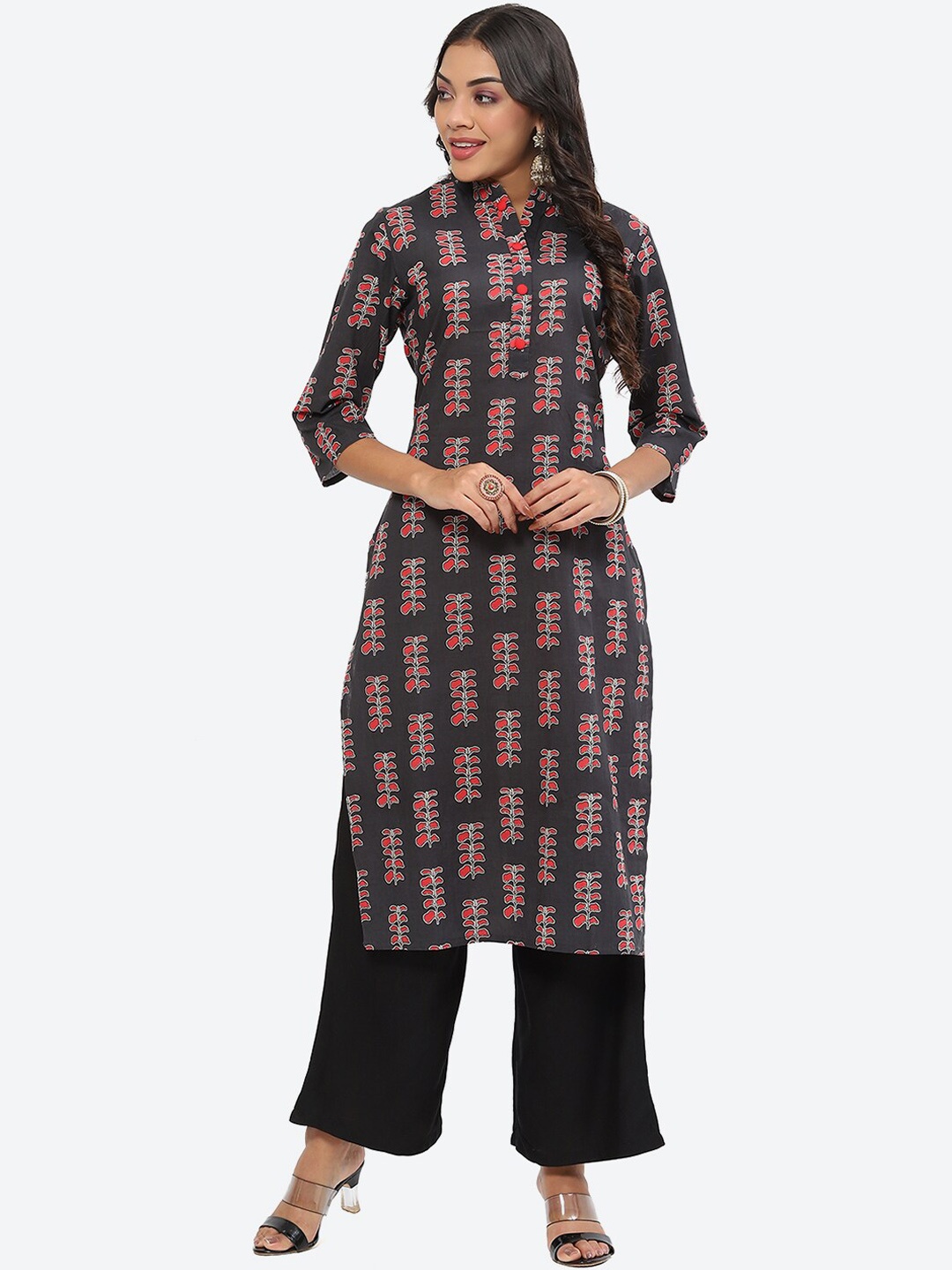 

Kurti's by Menka Ethnic Motifs Printed Mandarin Collar Straight Cotton Kurta, Black